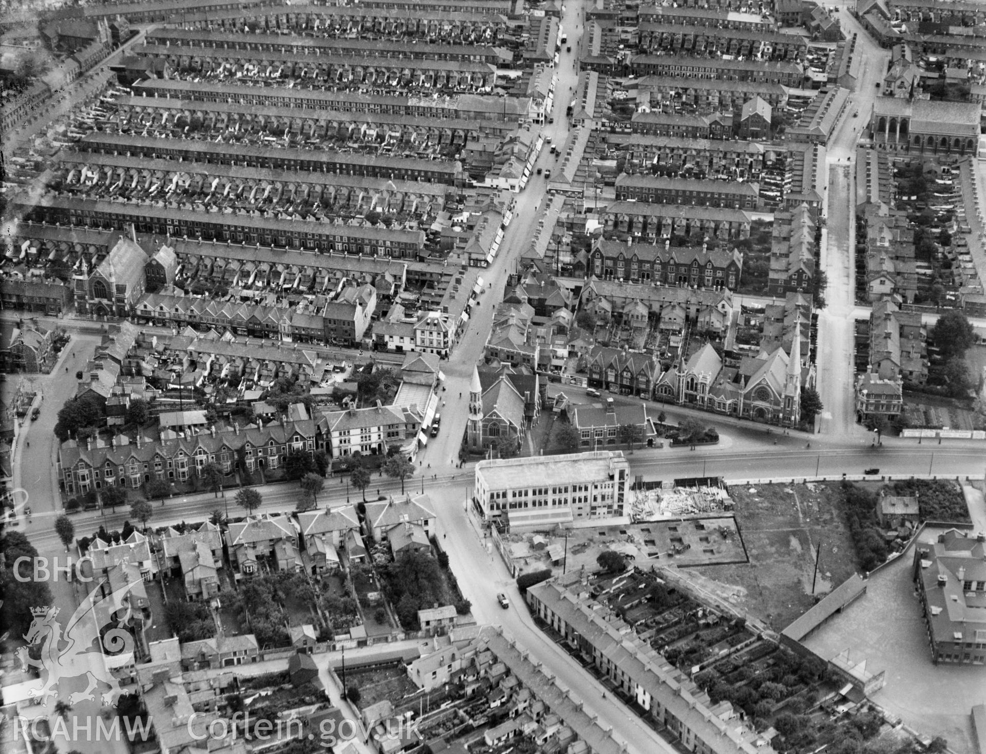 General view of Cardiff, residential areas, oblique aerial view. 5?x4? black and white glass plate negative.