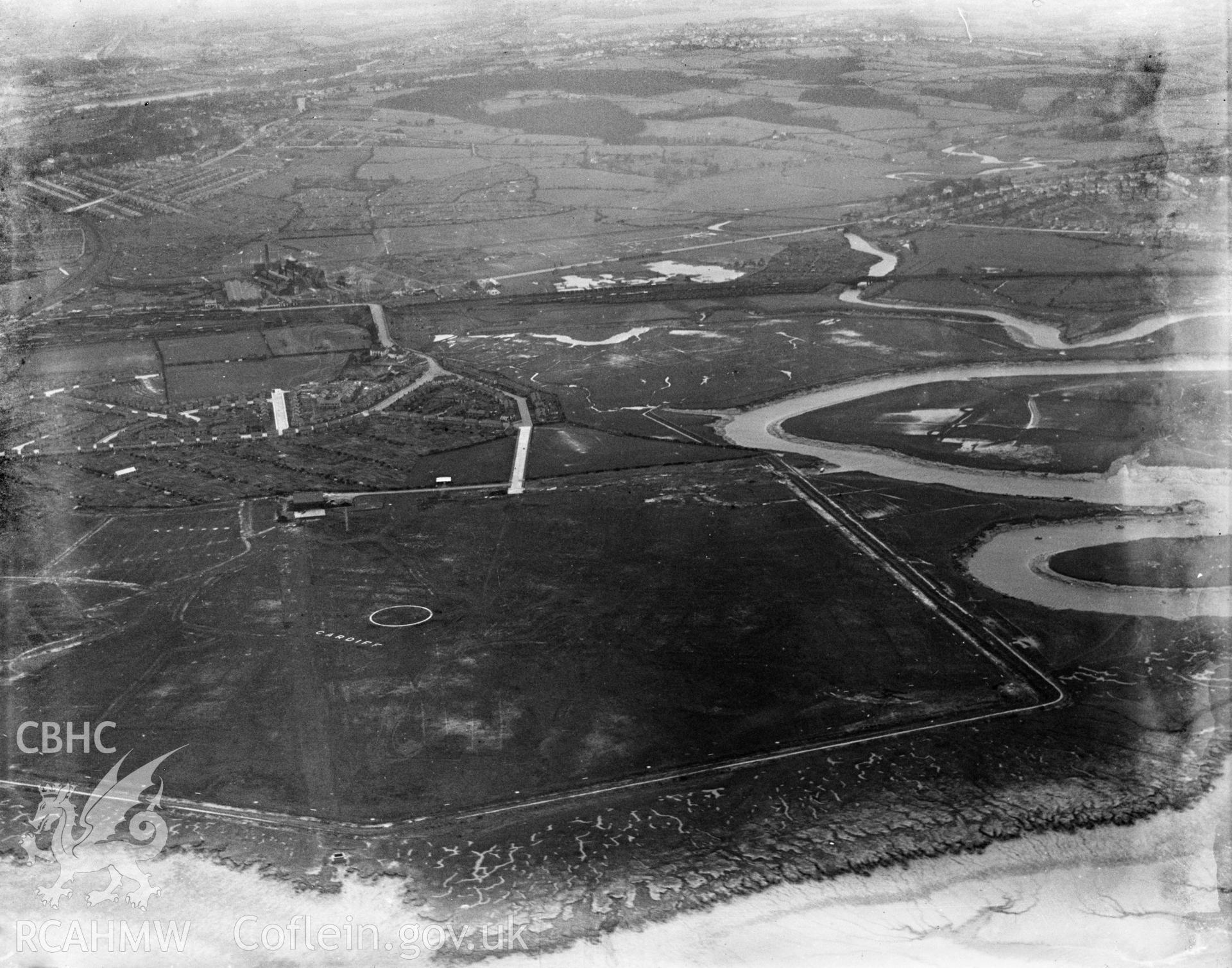 View of Cardiff Airport, Splott, oblique aerial view. 5?x4? black and white glass plate negative.