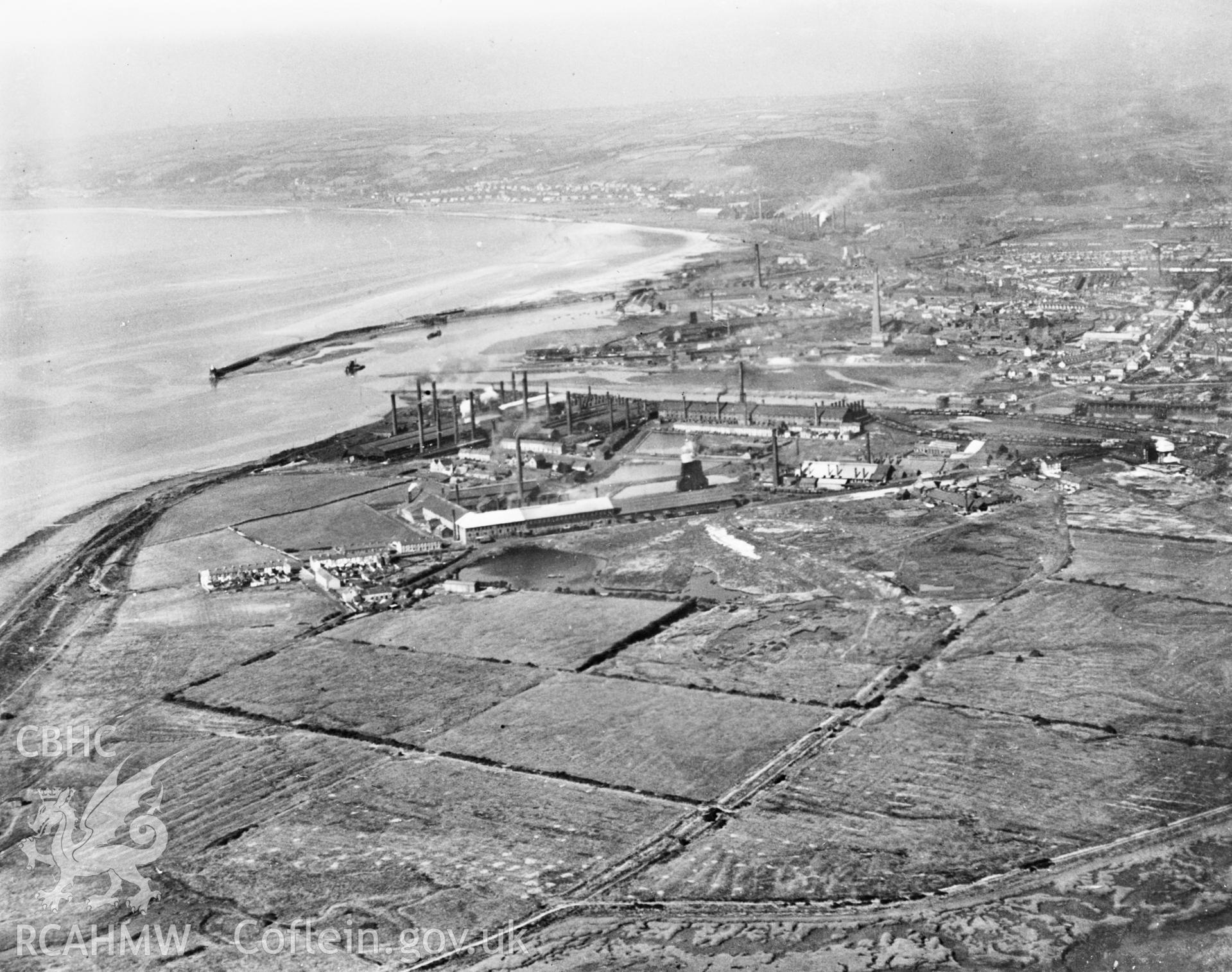 View of South Wales steel and tinplate works, Llanelli. Oblique aerial photograph, 5?x4? BW glass plate.