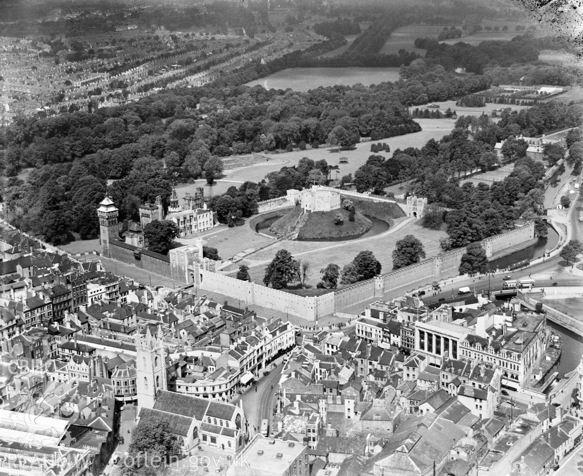 View of Cardiff Castle with St John the Baptist church, oblique aerial view. 5?x4? black and white glass plate negative.