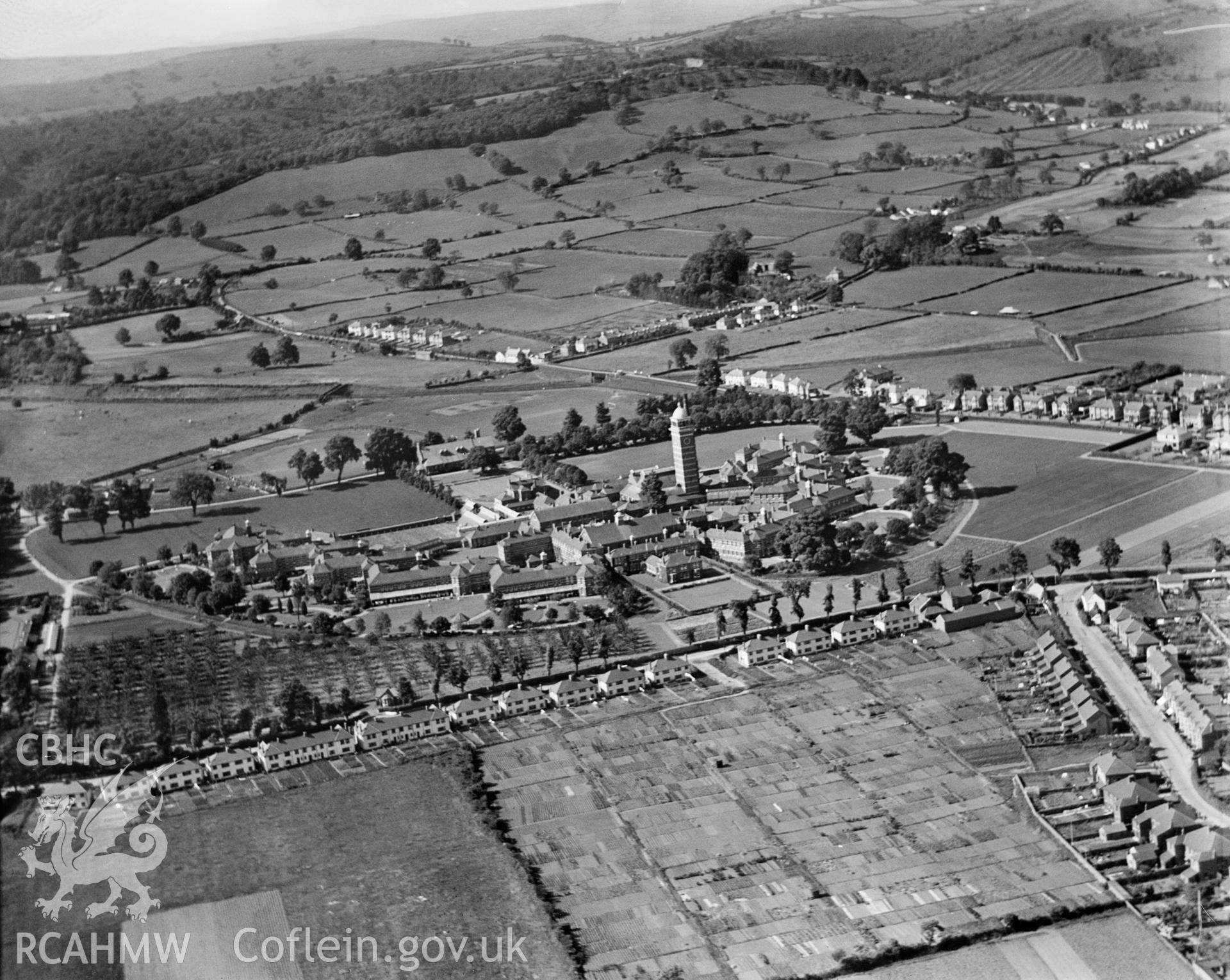 View of Cardiff City Mental Hospital, Whitchurch, showing Whitchurch housing and allotments, oblique aerial view. 5?x4? black and white glass plate negative.