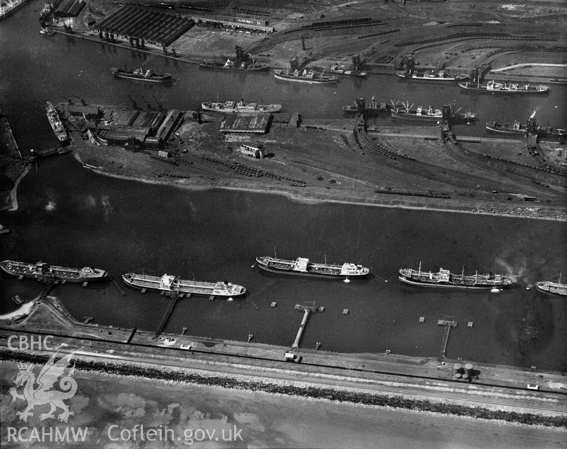 View of Swansea Docks, oblique aerial view. 5?x4? black and white glass plate negative.