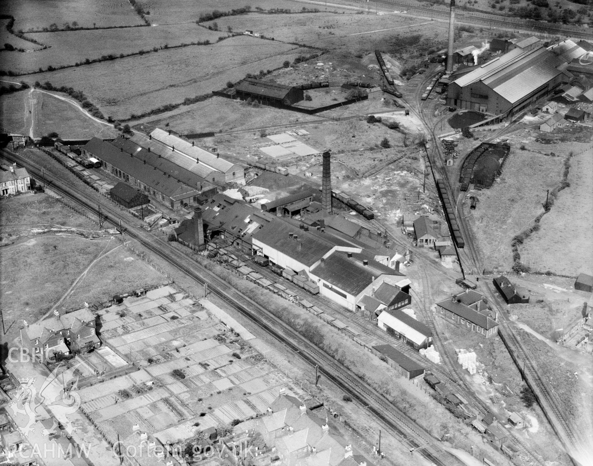 View of Redbrook Tinplate Co., Pontnewydd, oblique aerial view. 5?x4? black and white glass plate negative.