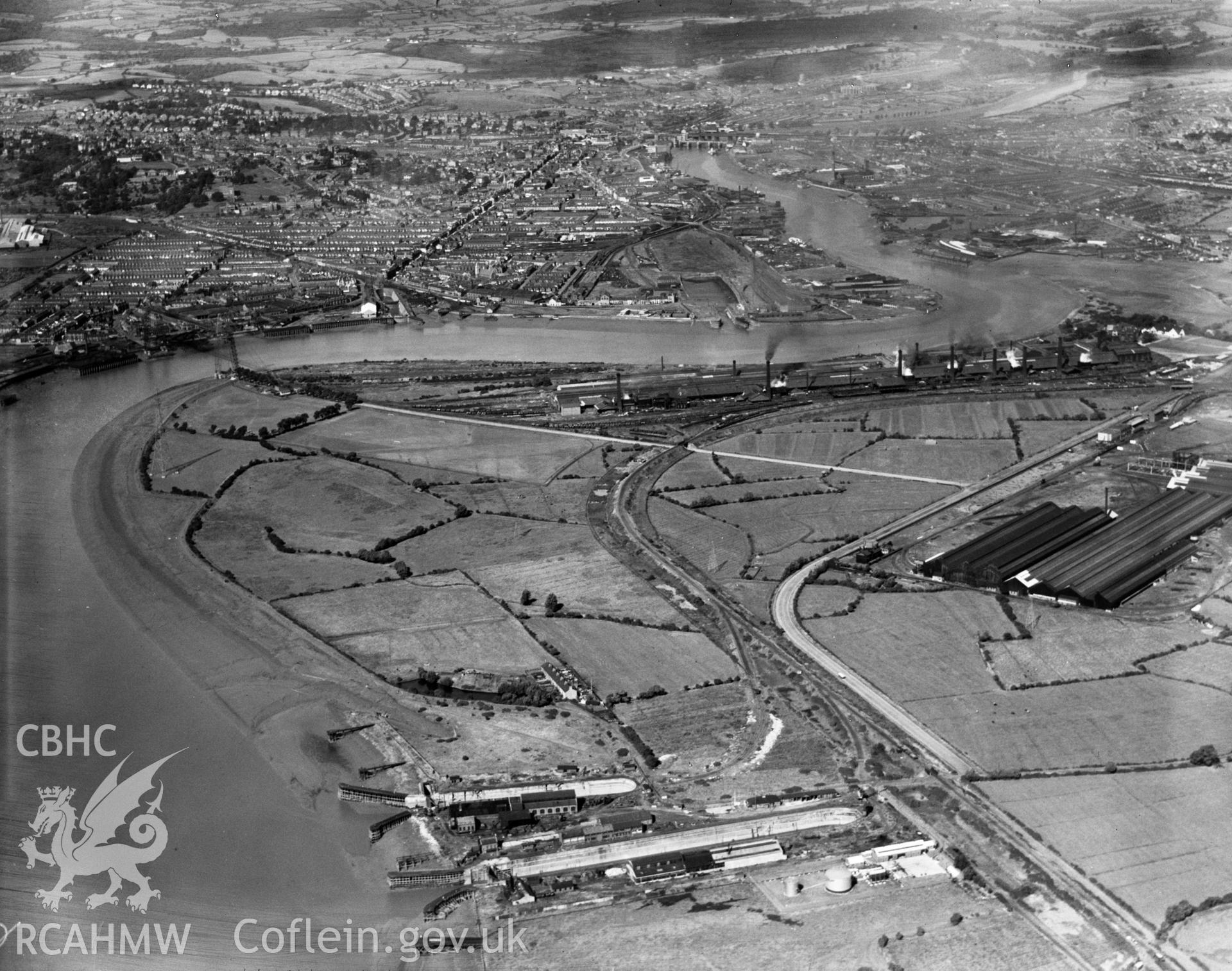 View of Newport showing  Orb Steelworks, Newport Tubeworks and dry docks, oblique aerial view. 5?x4? black and white glass plate negative.