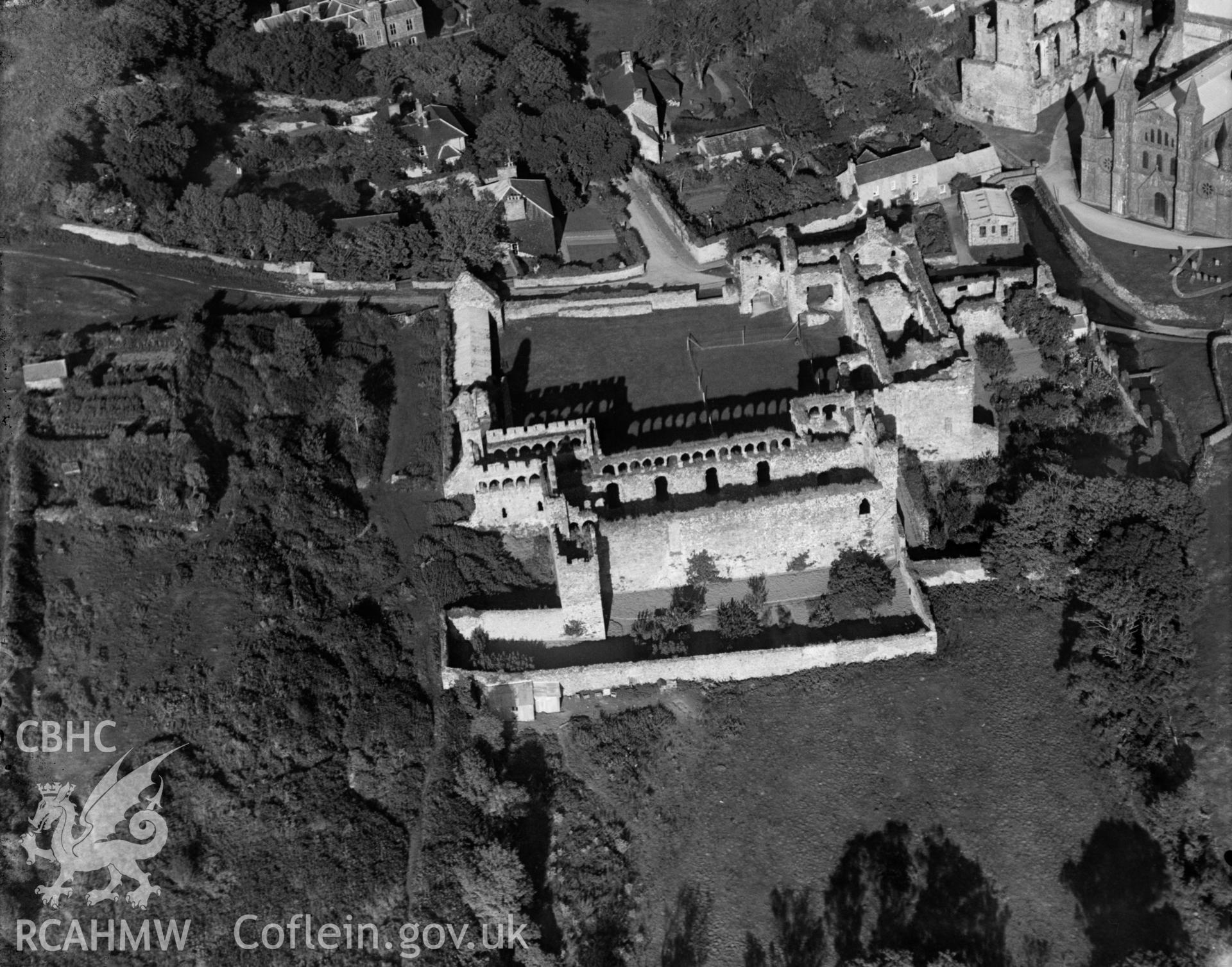 View of Bishops Palace, St. Davids, oblique aerial view. 5?x4? black and white glass plate negative.