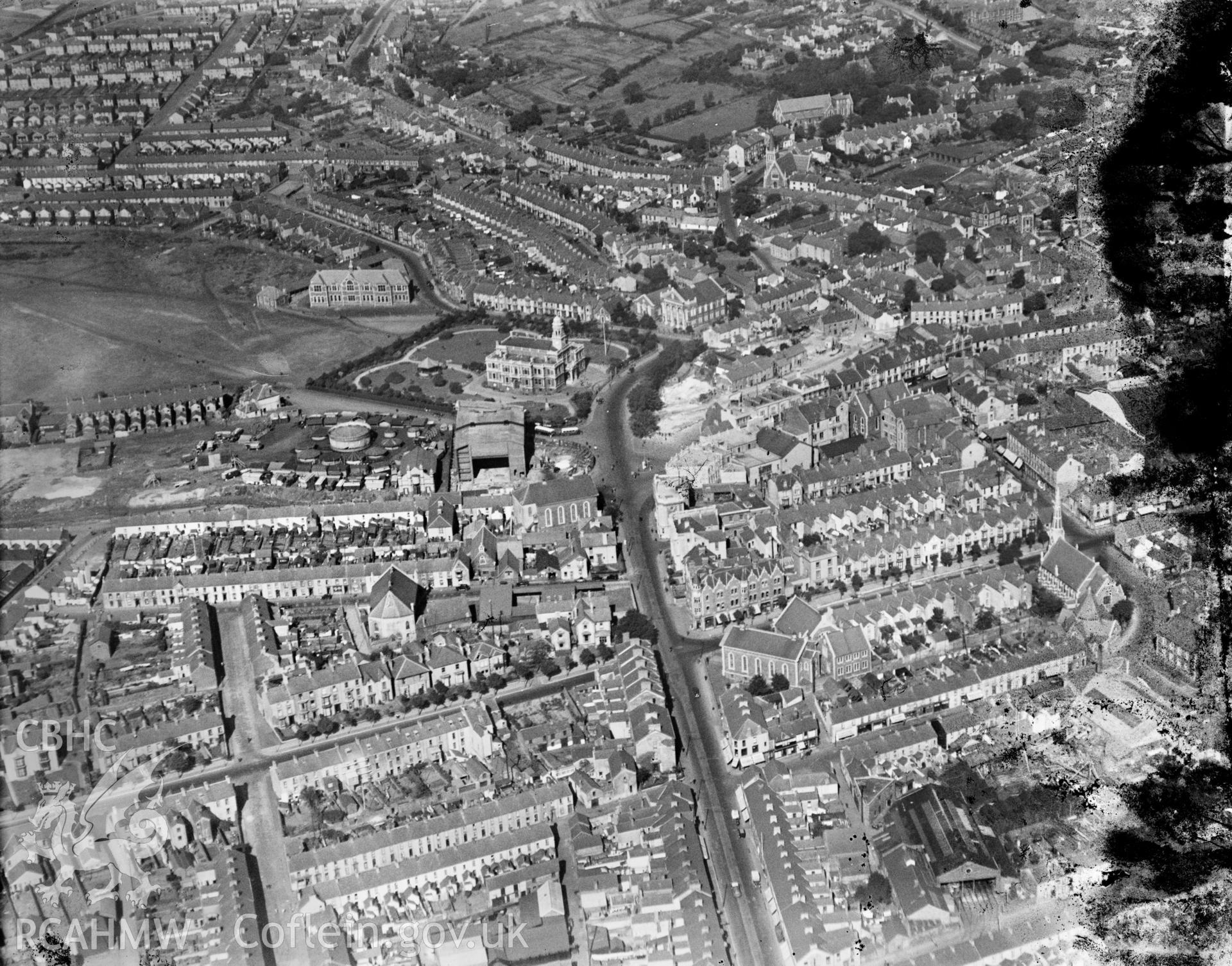 General view of Llanelli, showing Town Hall, oblique aerial view. 5?x4? black and white glass plate negative.