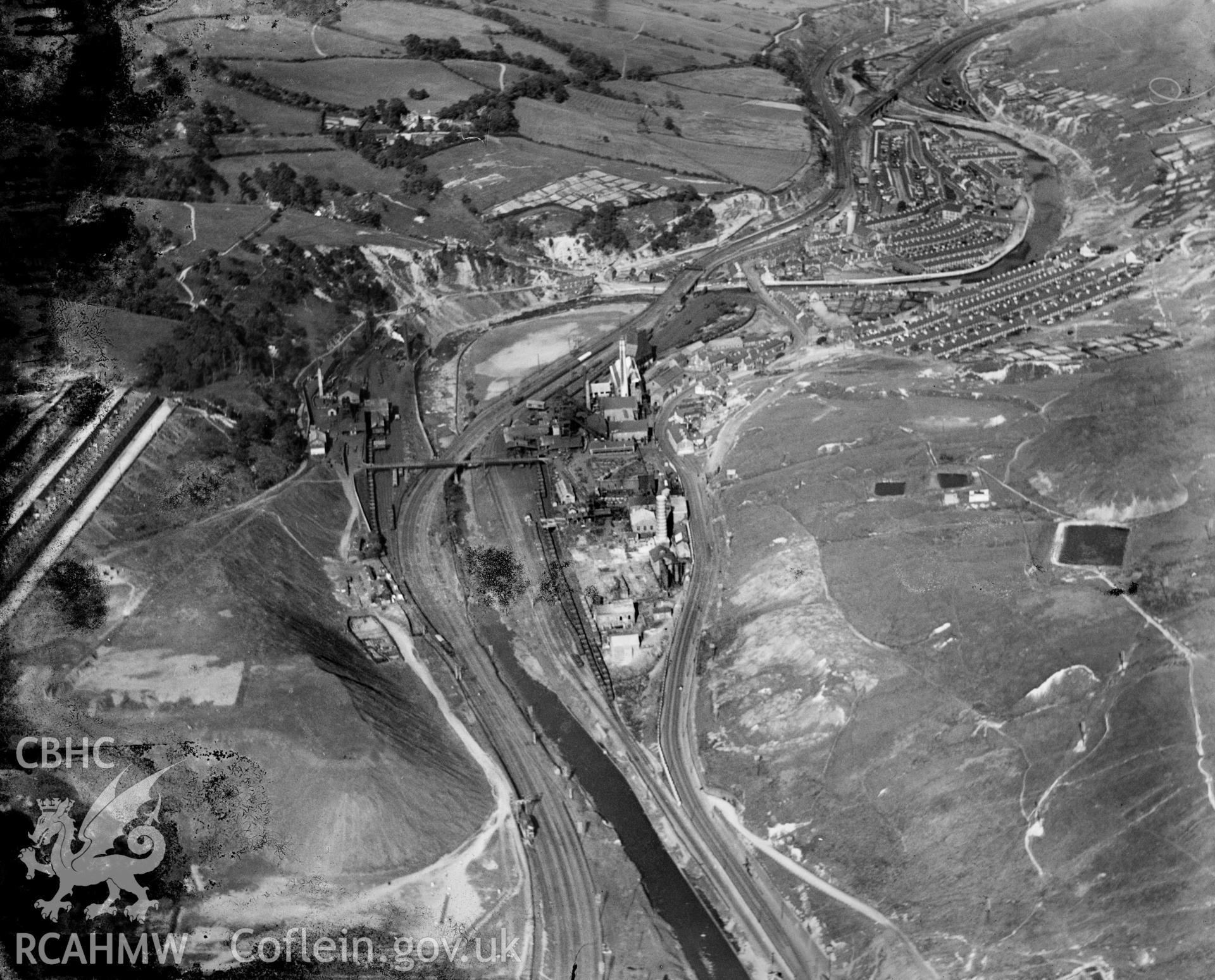 View of Lewis Merthyr Colliery, Hafod looking from west, oblique aerial view. 5?x4? black and white glass plate negative.
