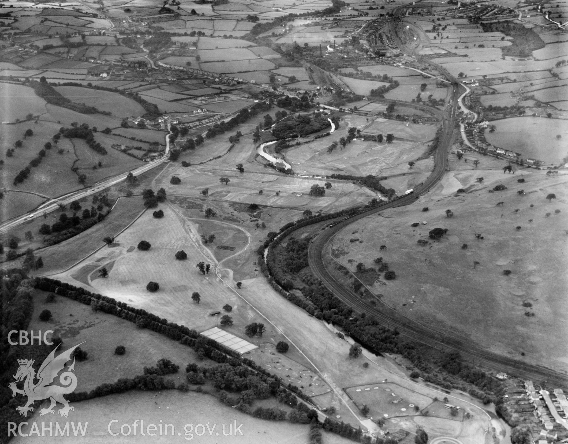 View of  Tredegar Park golf club, showing distant view of Rogerstone and Bassaleg, oblique aerial view. 5?x4? black and white glass plate negative.