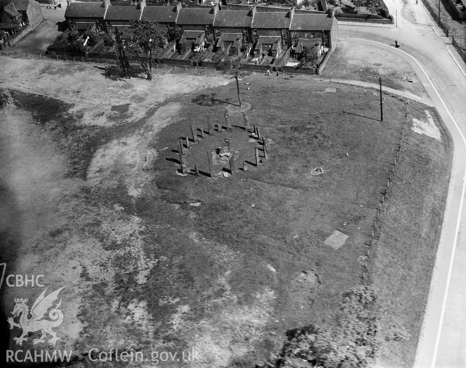 View of stone circle at  Pontypridd erected by Crawshay when he lived at the nearby Forest House, oblique aerial view. 5"x4" black and white glass plate negative.