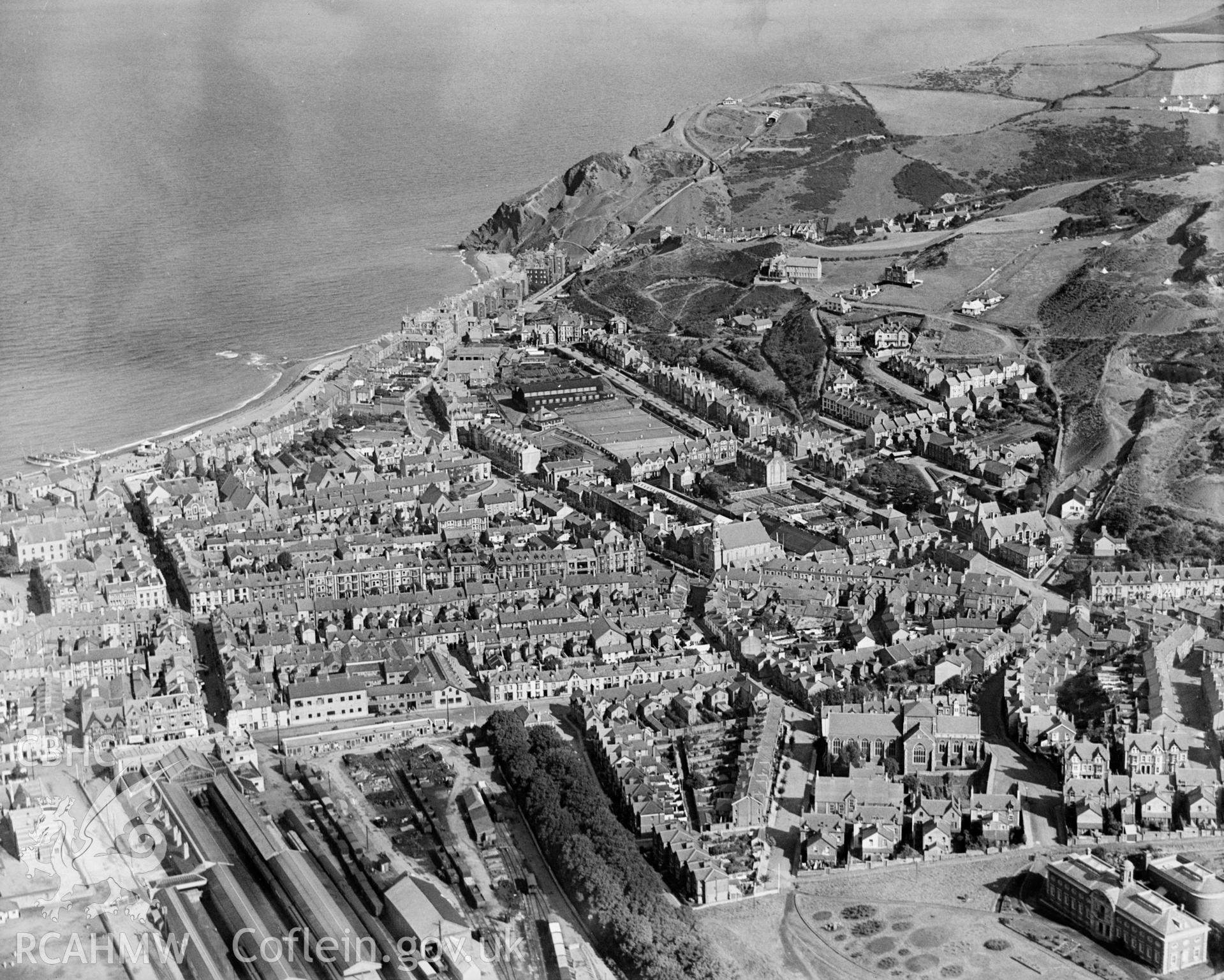 General view of Aberystwyth, oblique aerial view. 5?x4? black and white glass plate negative.