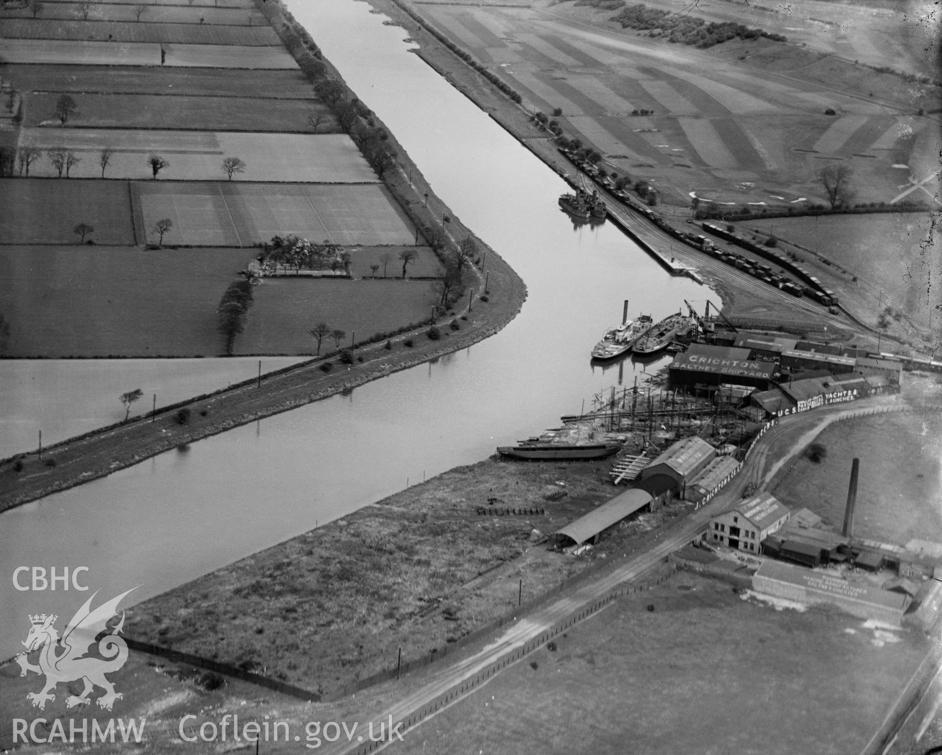 View of Crichton's shipyard, Saltney, oblique aerial view. 5?x4? black and white glass plate negative.