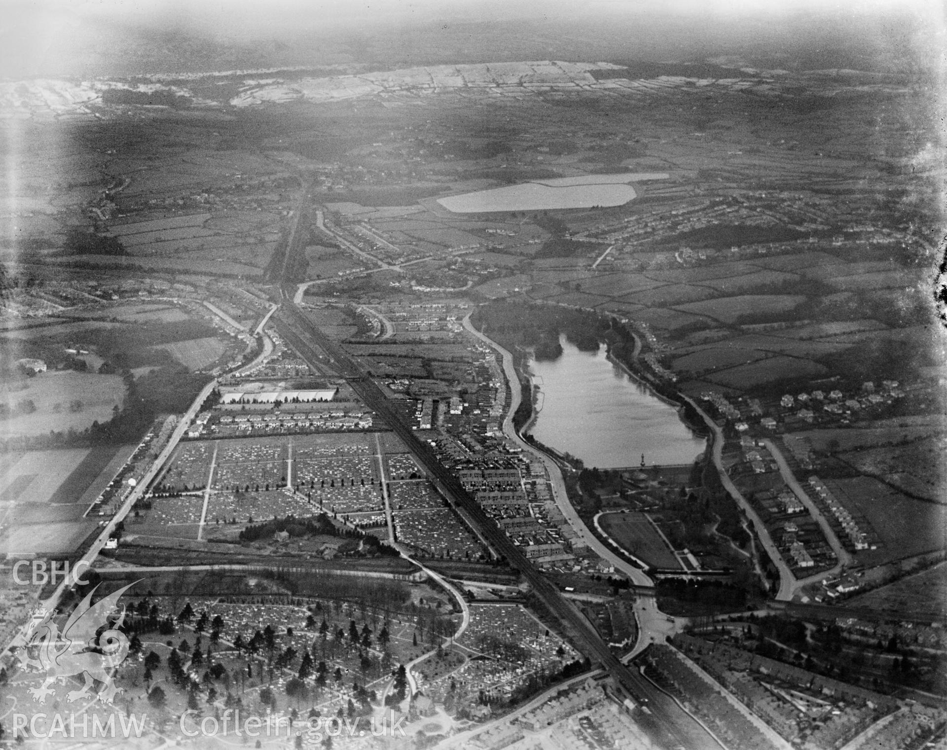 View of Cardiff showing Roath Park and Cardiff Cemetery, oblique aerial view. 5?x4? black and white glass plate negative.