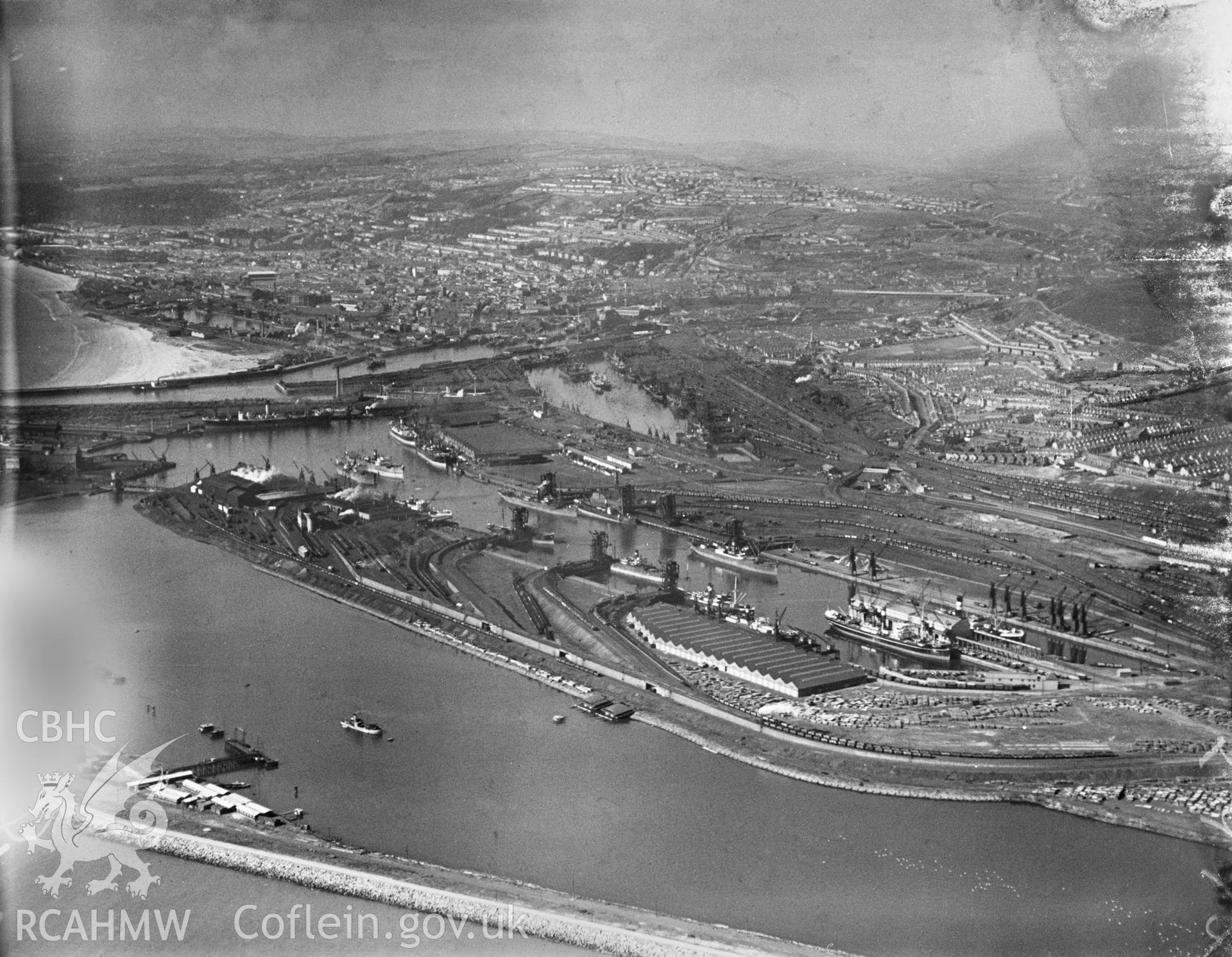 Distant view of Swansea docks, oblique aerial view. 5?x4? black and white glass plate negative.