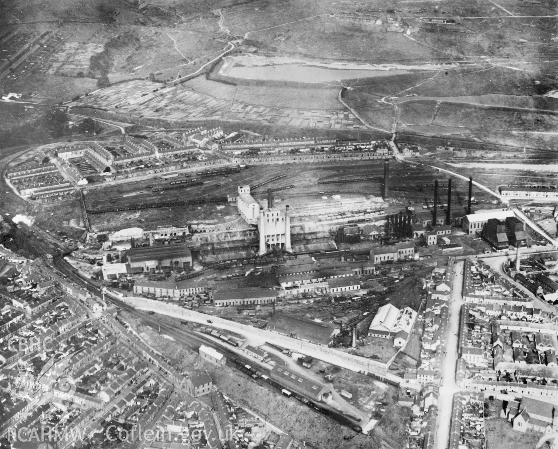 View of Ivor Ironworks, Dowlais. Oblique aerial photograph, 5?x4? BW glass plate.