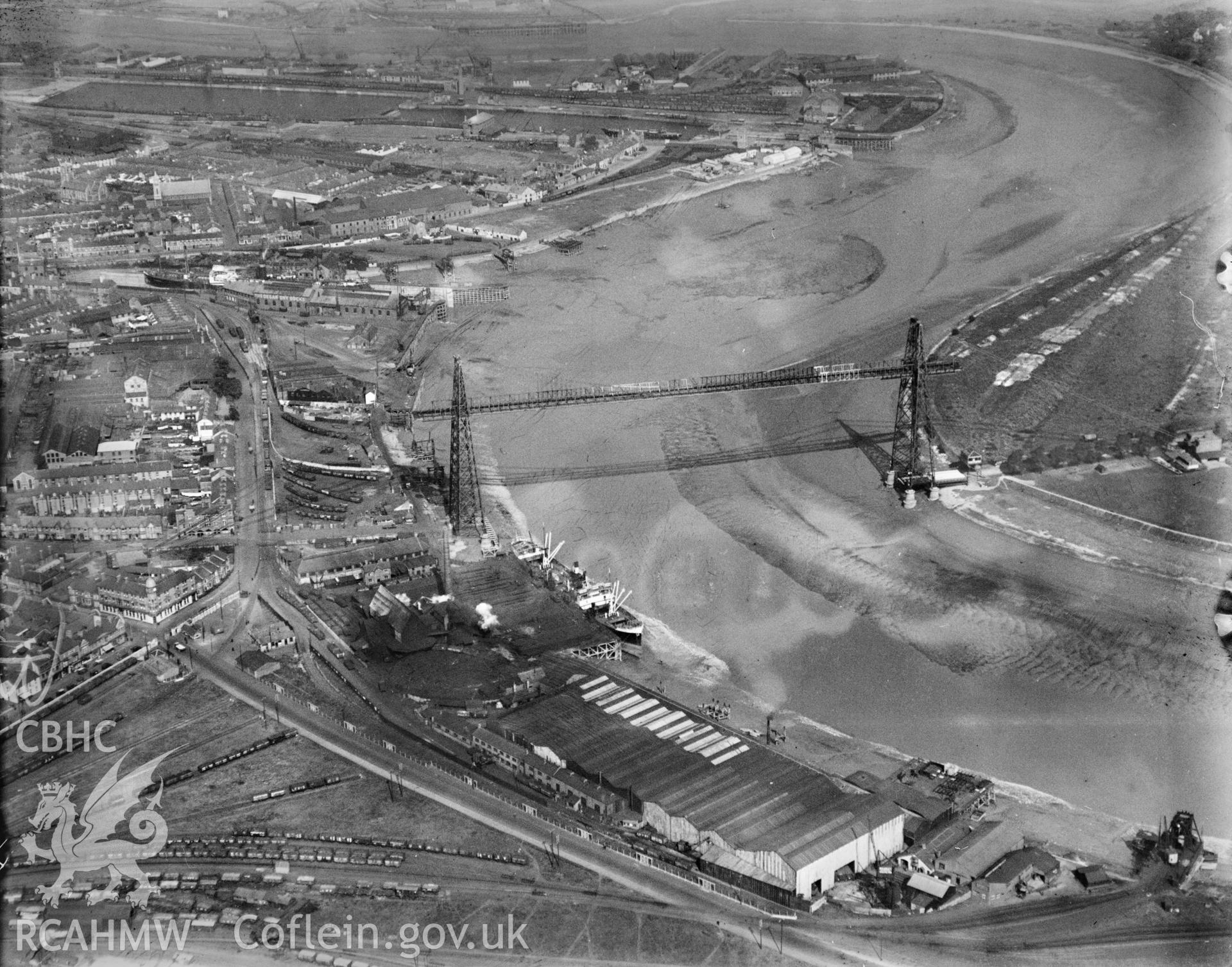 Newport Transporter Bridge, oblique aerial view. 5?x4? black and white glass plate negative.