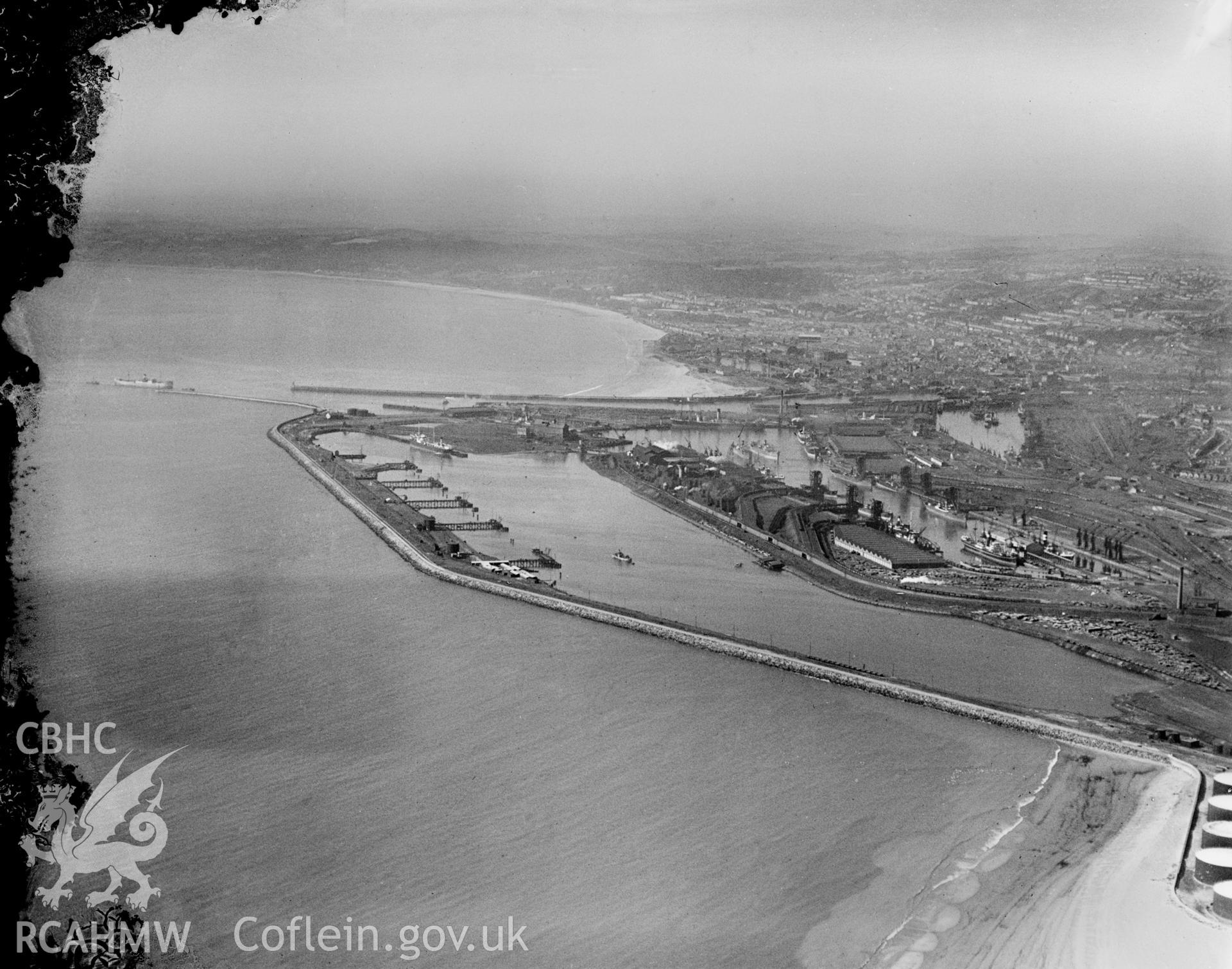 View of Kings Dock, Swansea Docks, oblique aerial view. 5?x4? black and white glass plate negative.