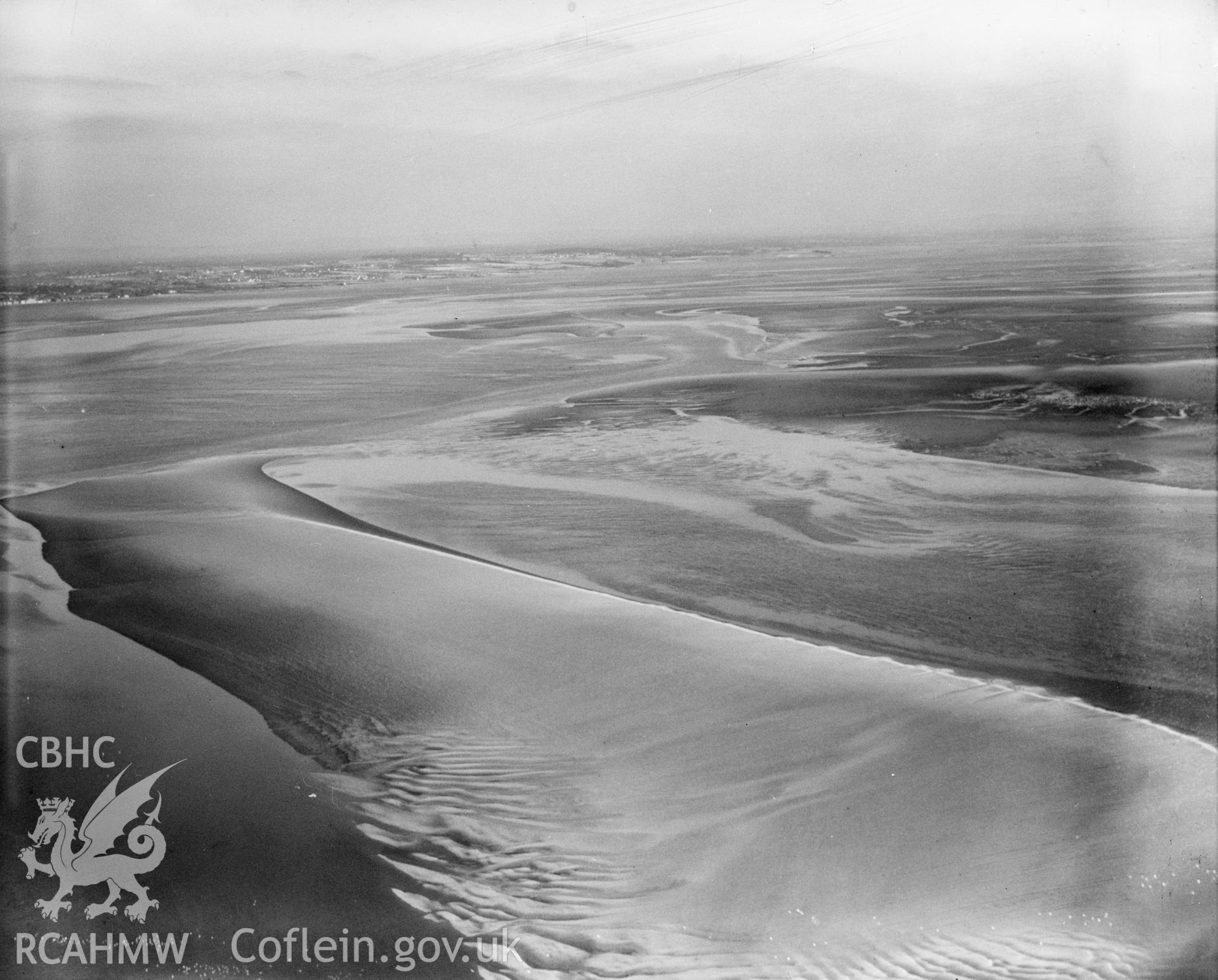 View of sea of Mostyn, Flintshire, oblique aerial view. 5?x4? black and white glass plate negative.