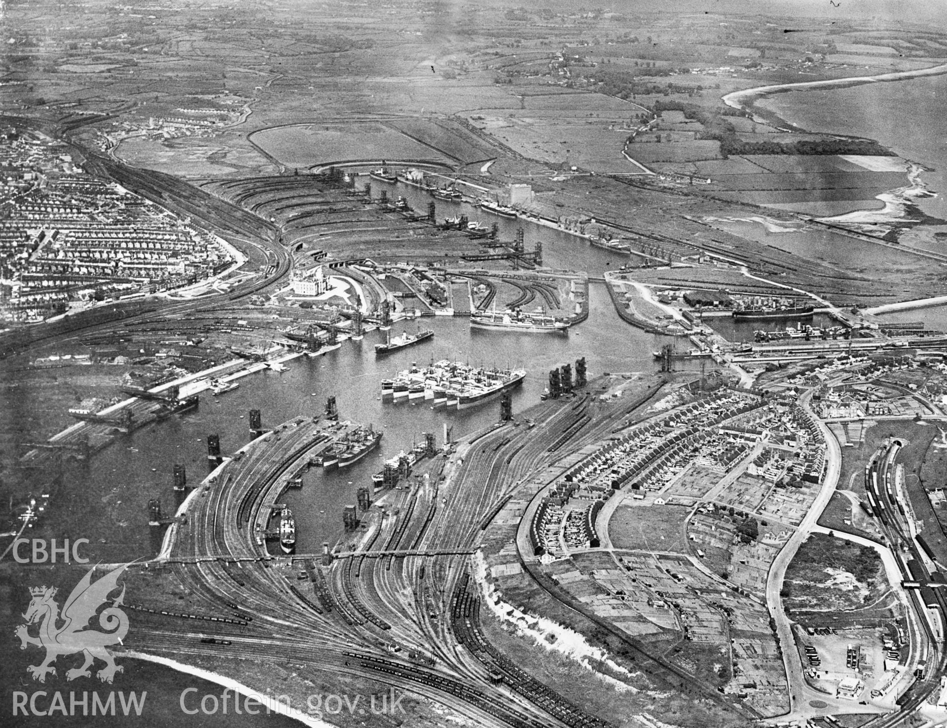 View of Barry docks. Oblique aerial photograph, 5?x4? BW glass plate.