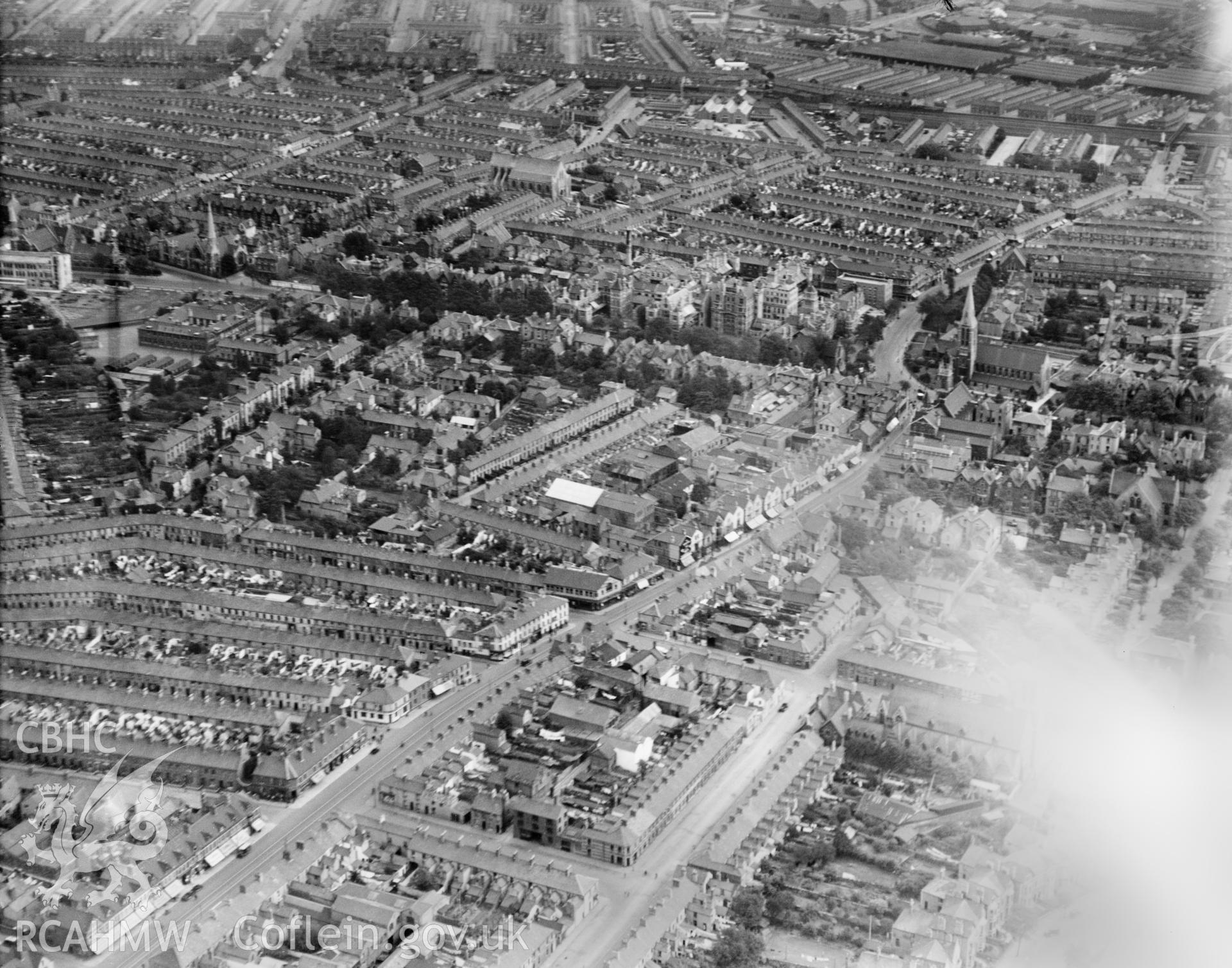 General view of Cardiff, residential areas, oblique aerial view. 5?x4? black and white glass plate negative.