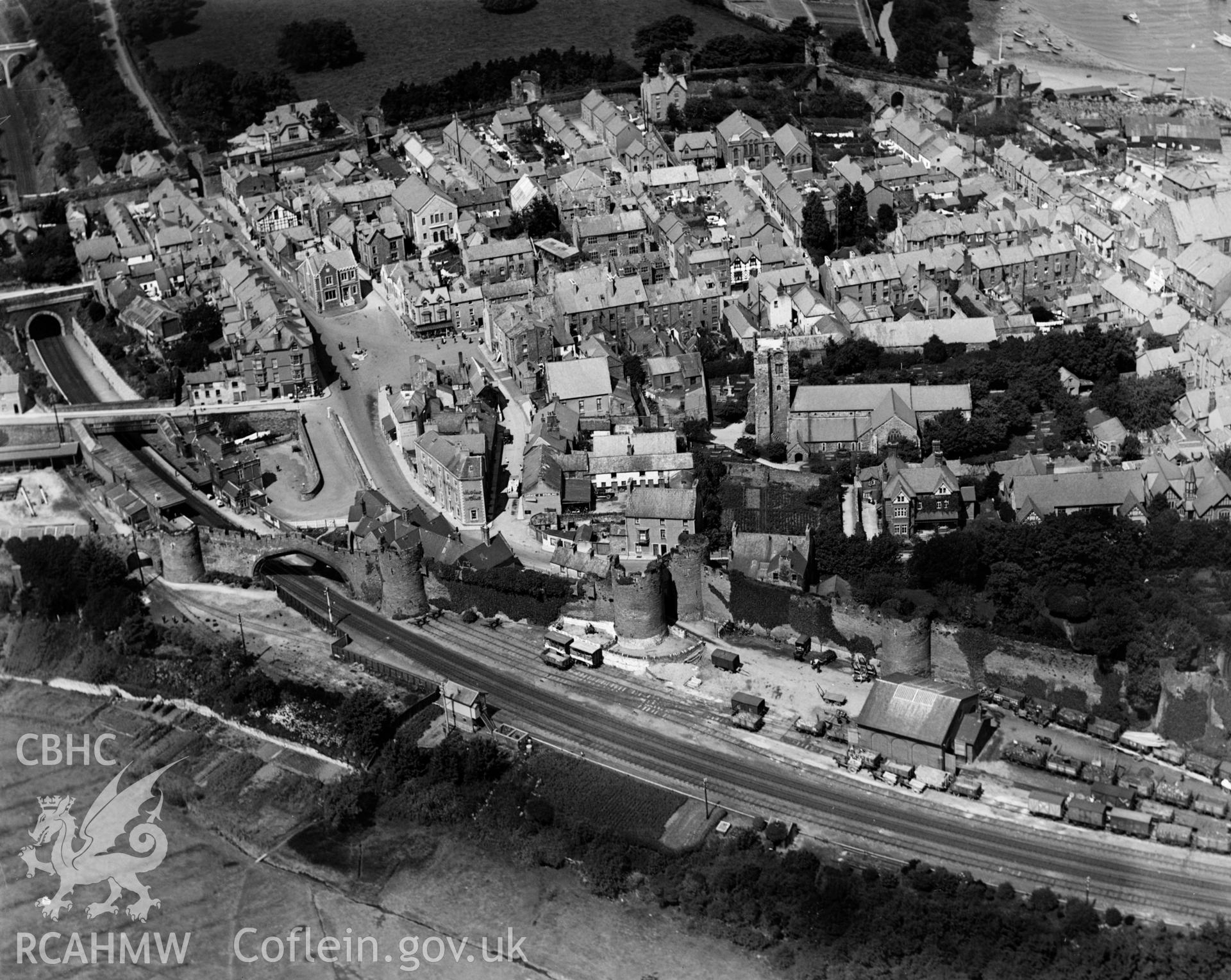 View of Conwy showing town, oblique aerial view. 5?x4? black and white glass plate negative.