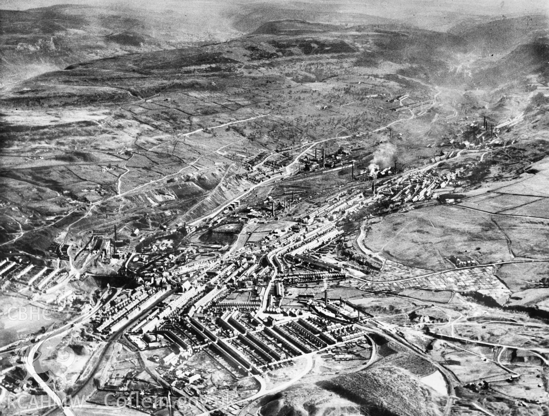 General view of Ebbw Vale showing steelworks, commissioned by R. Thomas & Co.. Oblique aerial photograph.