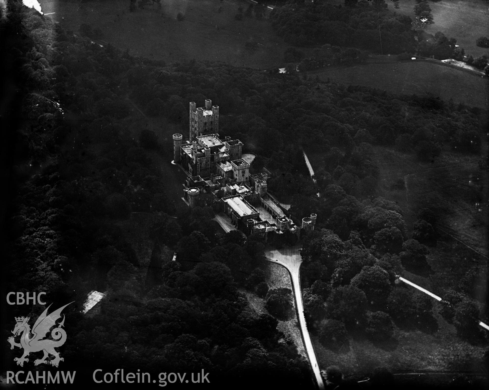 View of Penrhyn Castle, oblique aerial view. 5?x4? black and white glass plate negative.