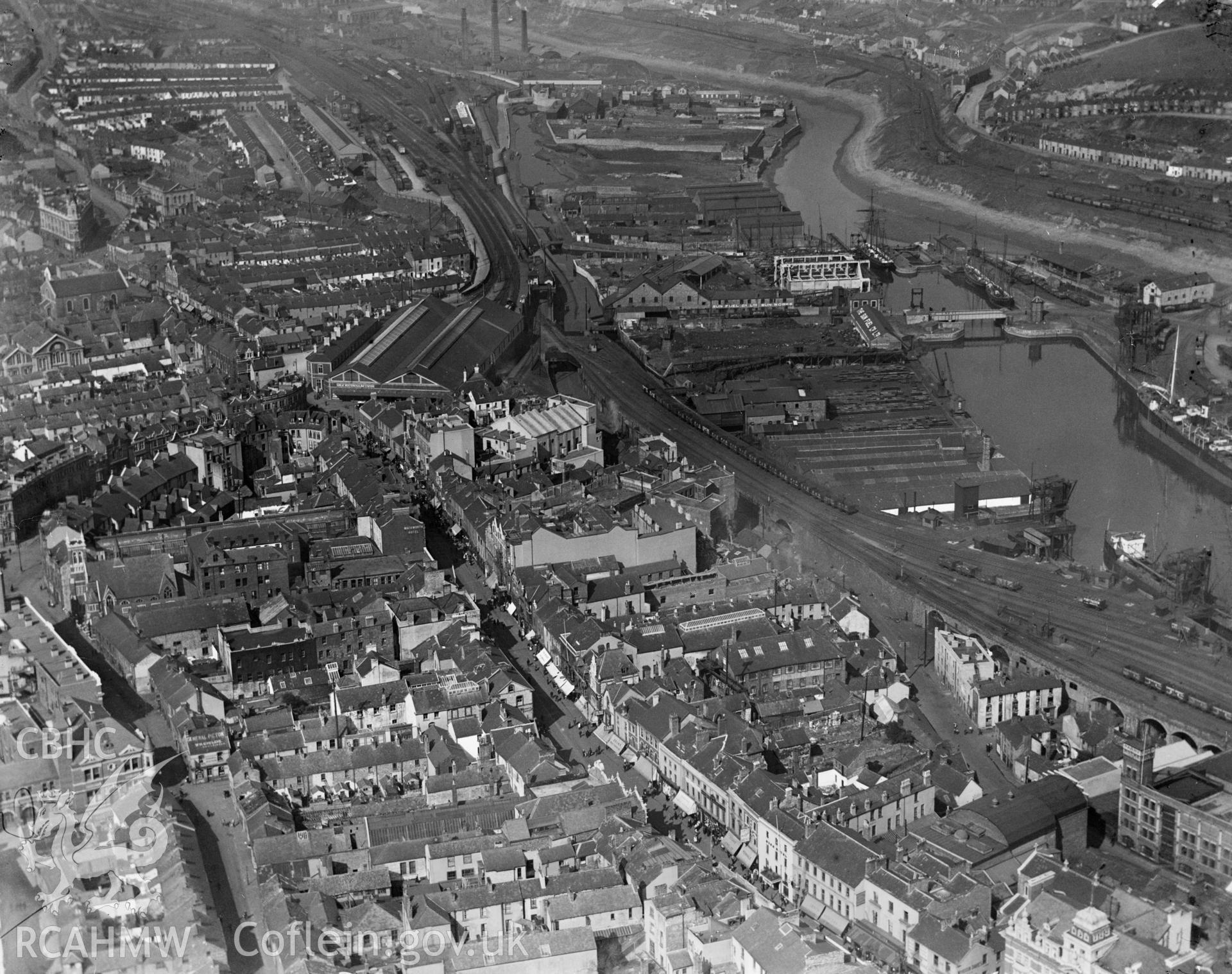 View of Swansea showing the docks and part of town centre, oblique aerial view. 5?x4? black and white glass plate negative.