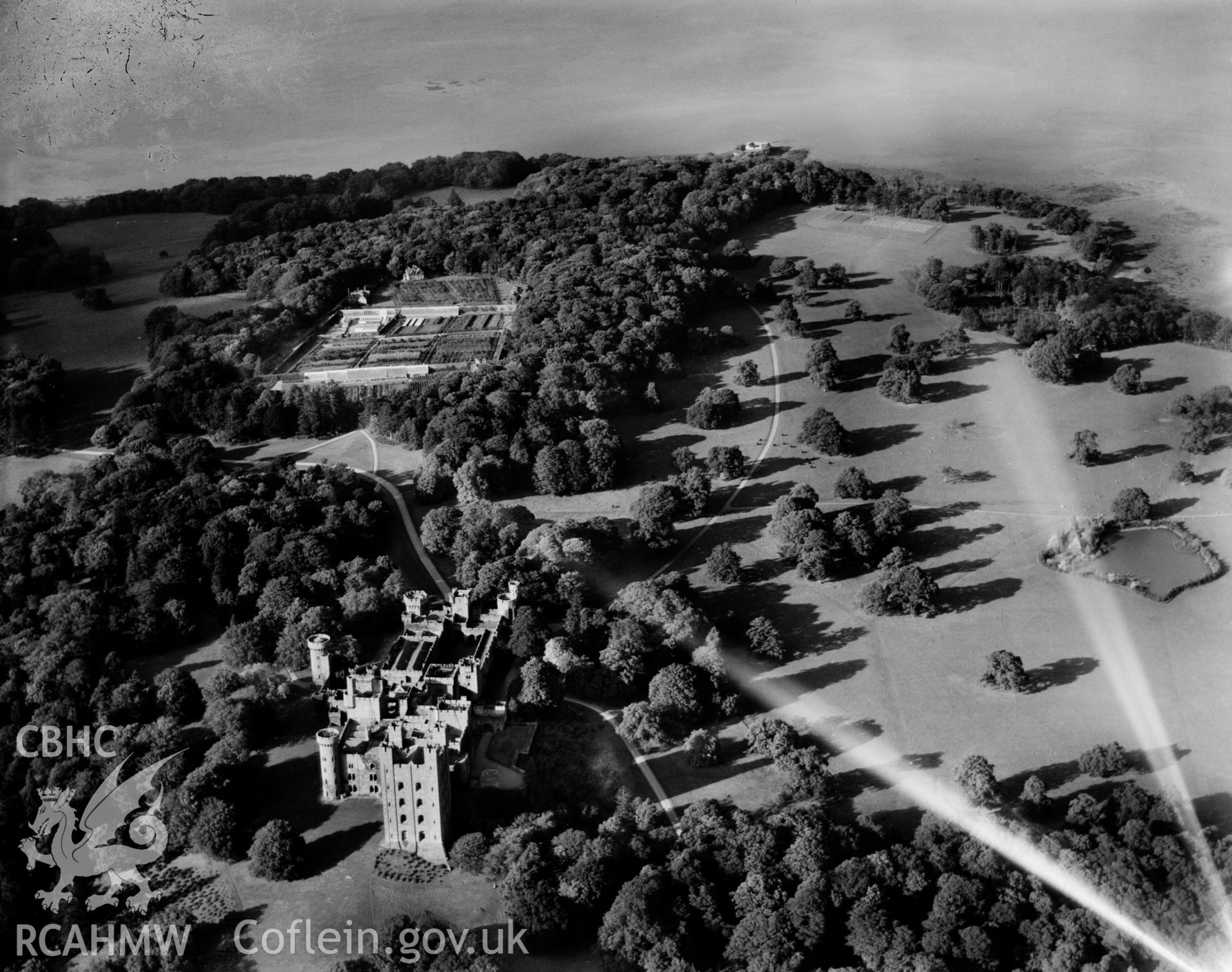 View of Penrhyn Castle showing gardens and bathhouse, oblique aerial view. 5?x4? black and white glass plate negative.