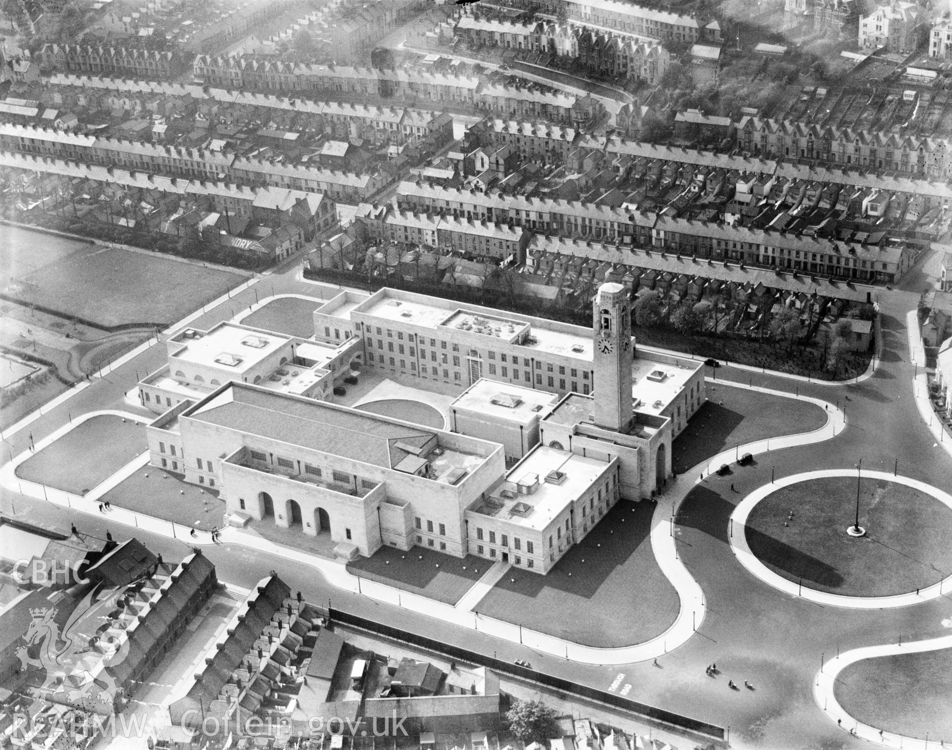 View of newly built civic centre, Swansea, oblique aerial view. 5?x4? black and white glass plate negative.
