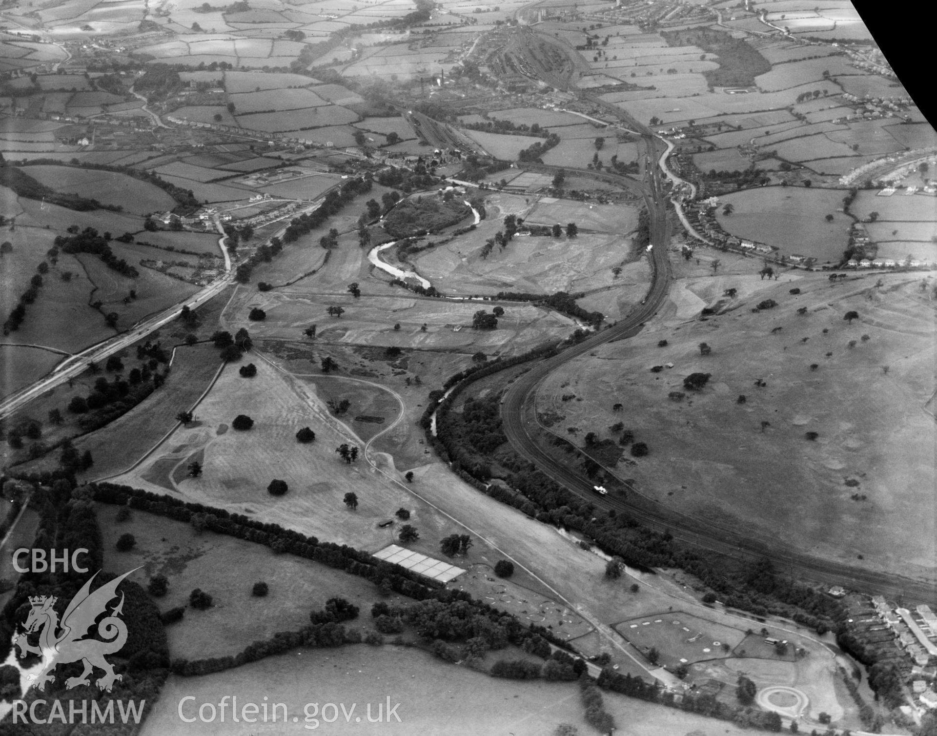 View of  Tredegar Park golf club, showing distant view of Rogerstone and Bassaleg, oblique aerial view. 5?x4? black and white glass plate negative.