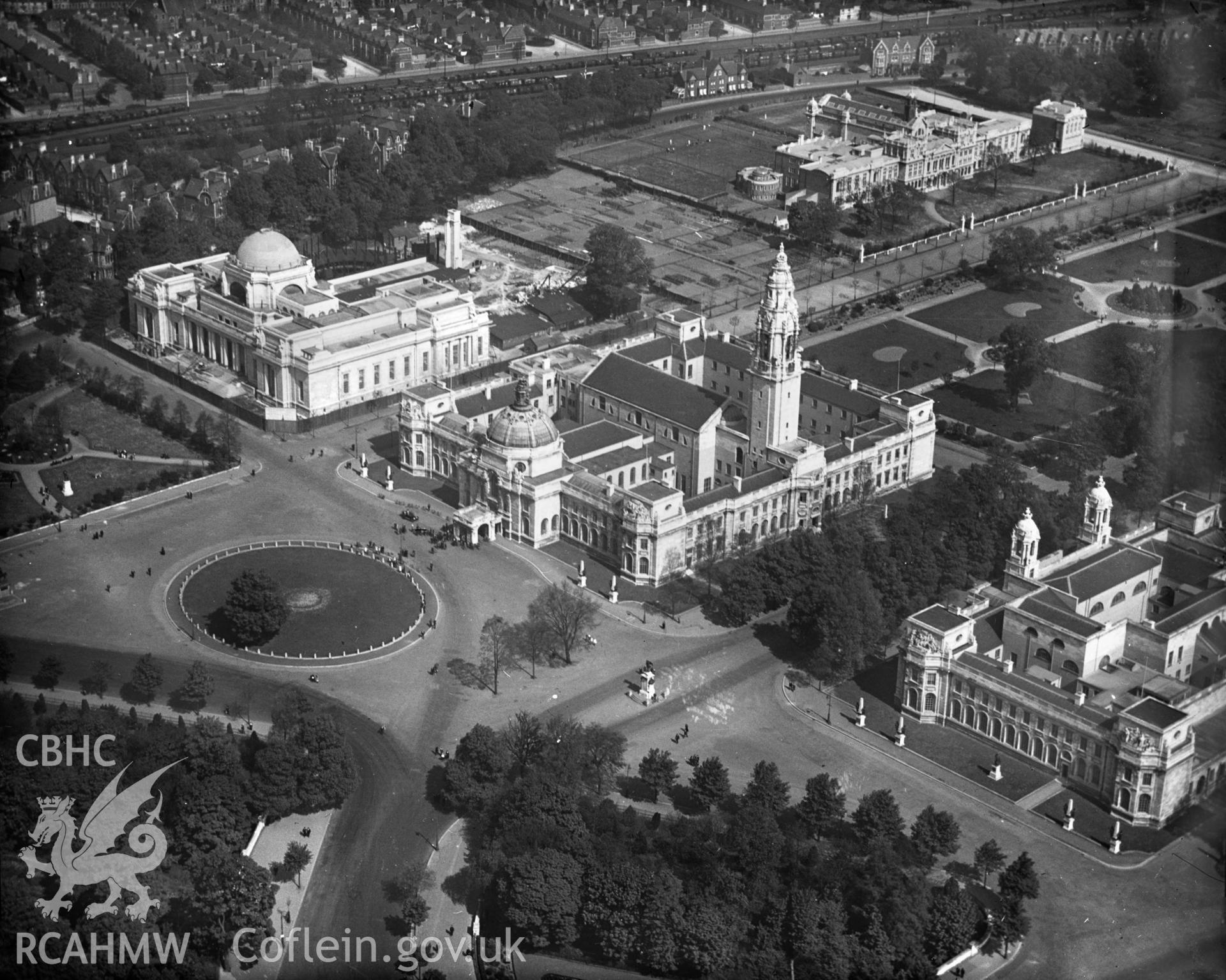 View of Cardiff Civic Centre, Cathays Park. Oblique aerial photograph, 5?x4? BW glass plate.