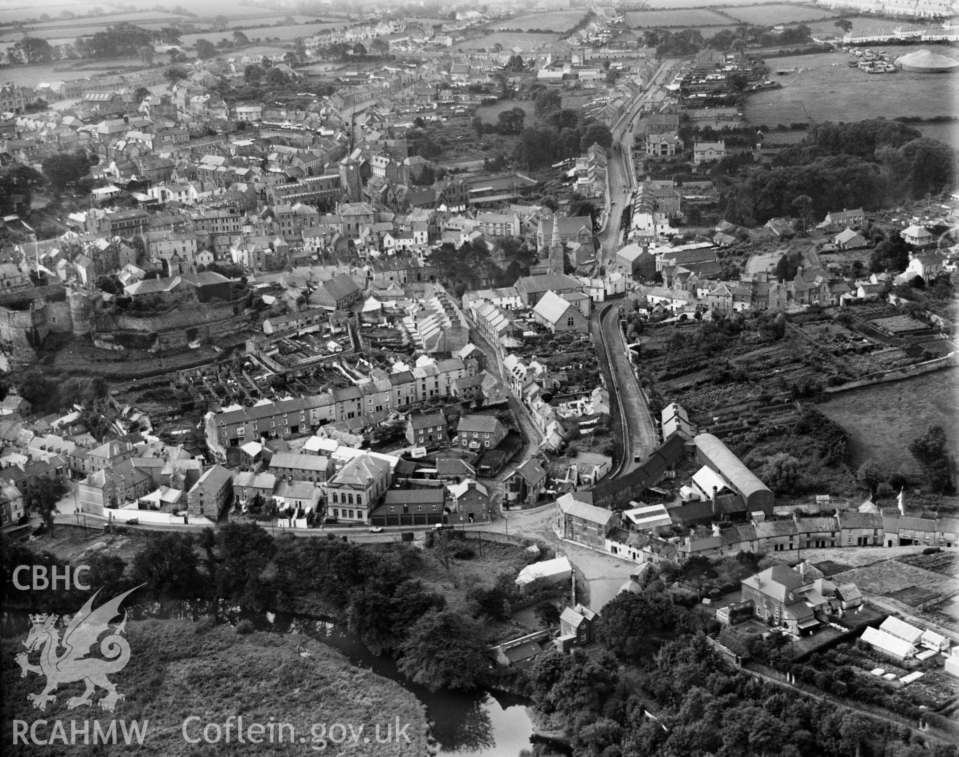 General view of Haverfordwest, with fair, oblique aerial view. 5?x4? black and white glass plate negative.
