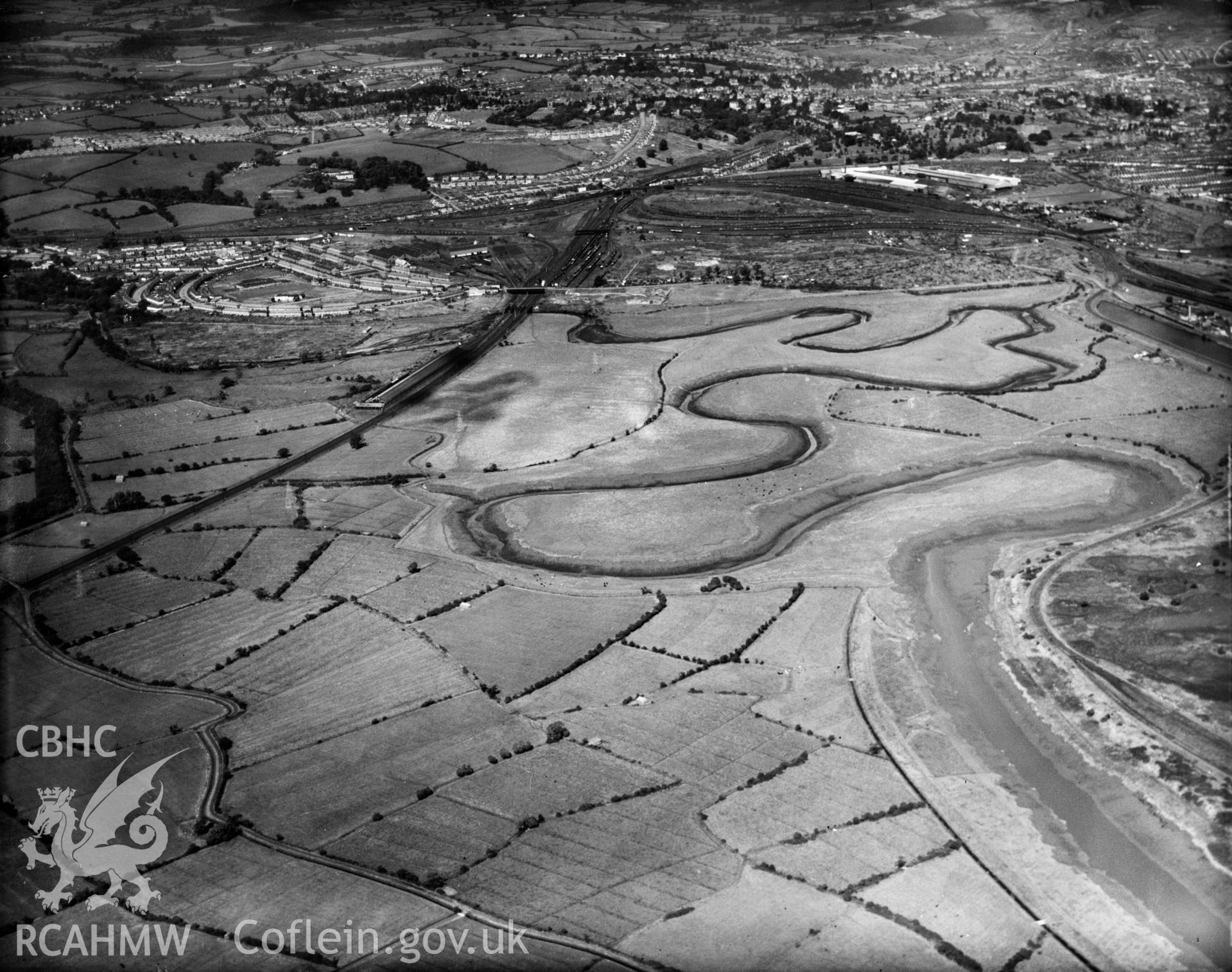 Distant view of Newport showing the Ebbw river, oblique aerial view. 5?x4? black and white glass plate negative.