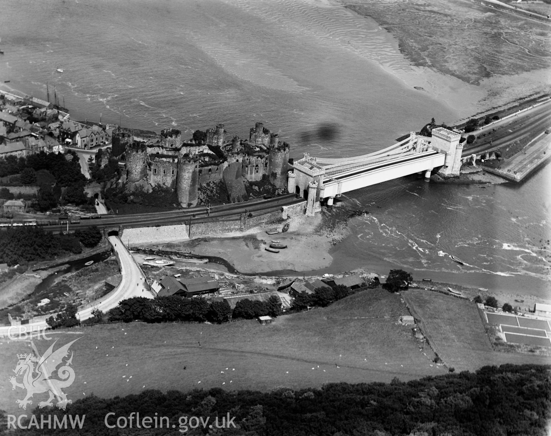 View of Conwy showing bridges and mussel purification farm, oblique aerial view. 5?x4? black and white glass plate negative.