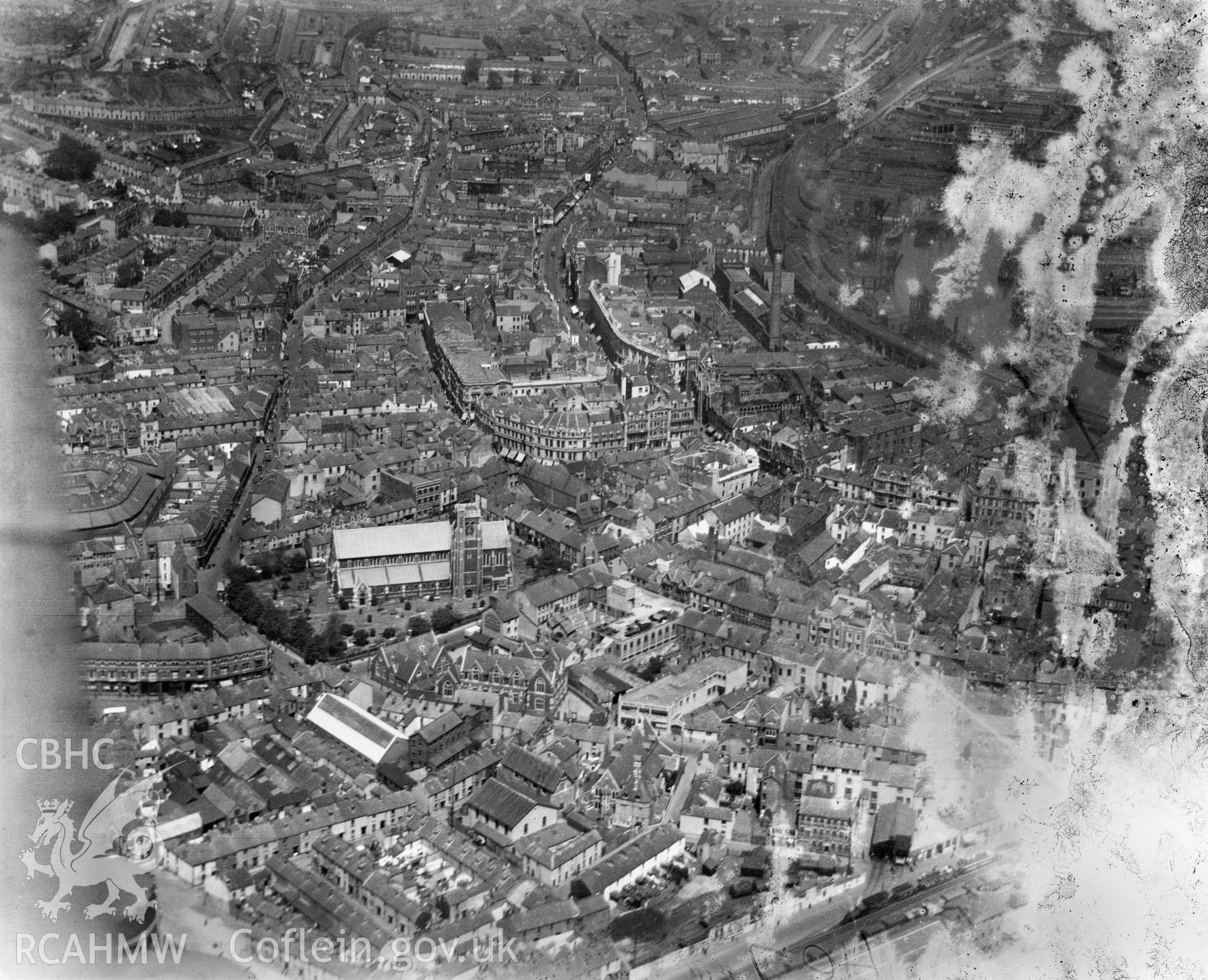 General view of Swansea showing St Mary's church, oblique aerial view. 5?x4? black and white glass plate negative.