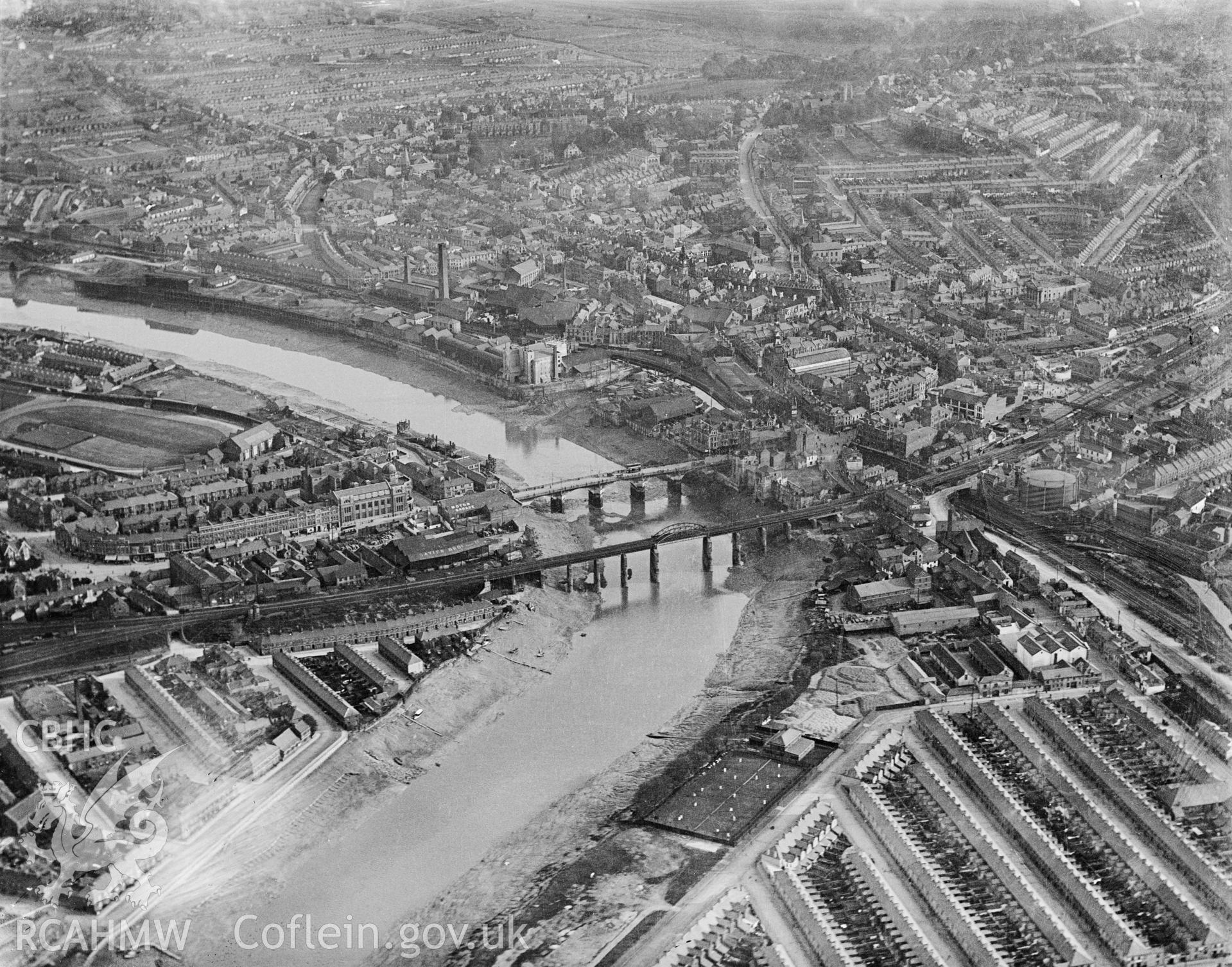Black and white oblique aerial photograph showing Newport, Gwent, from Aerofilms album Monmouth N-Pe (448), taken by Aerofilms Ltd and dated 1920.