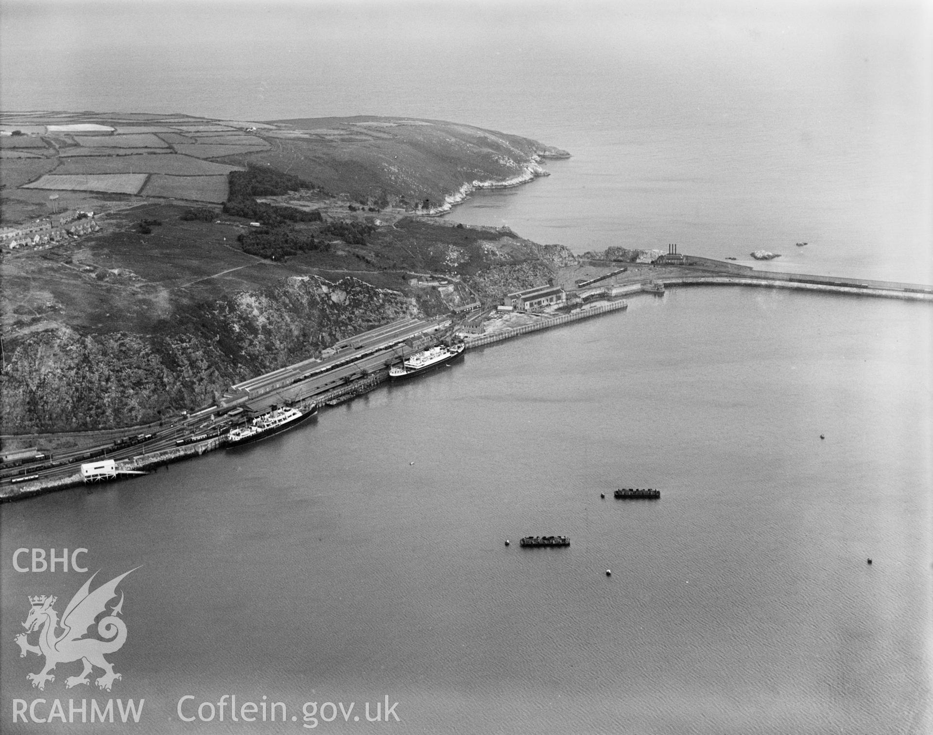 View of Fishguard harbour, oblique aerial view. 5?x4? black and white glass plate negative.