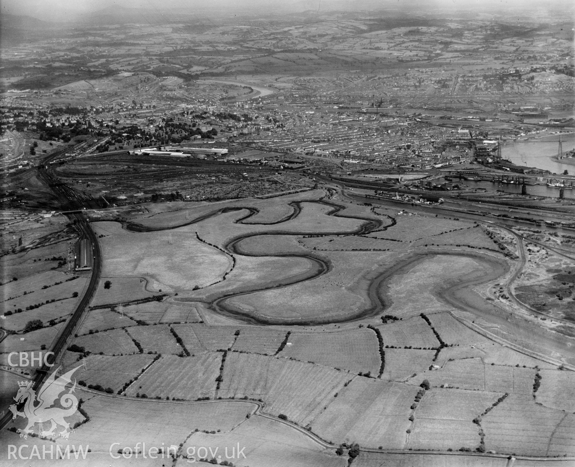 Distant view of Newport showing the Ebbw river, oblique aerial view. 5?x4? black and white glass plate negative.