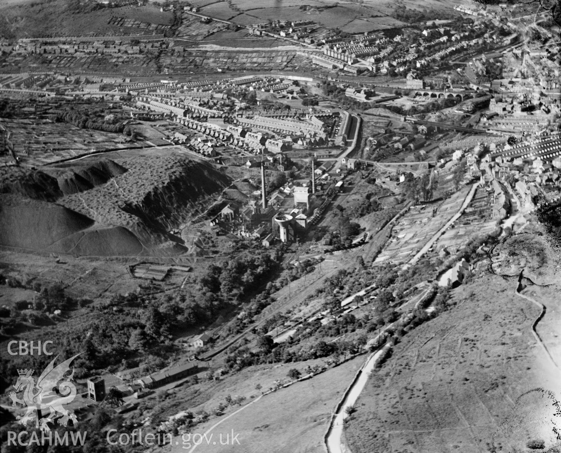 View of Maritime Colliery and coke works, Pontypridd, oblique aerial view. 5?x4? black and white glass plate negative.