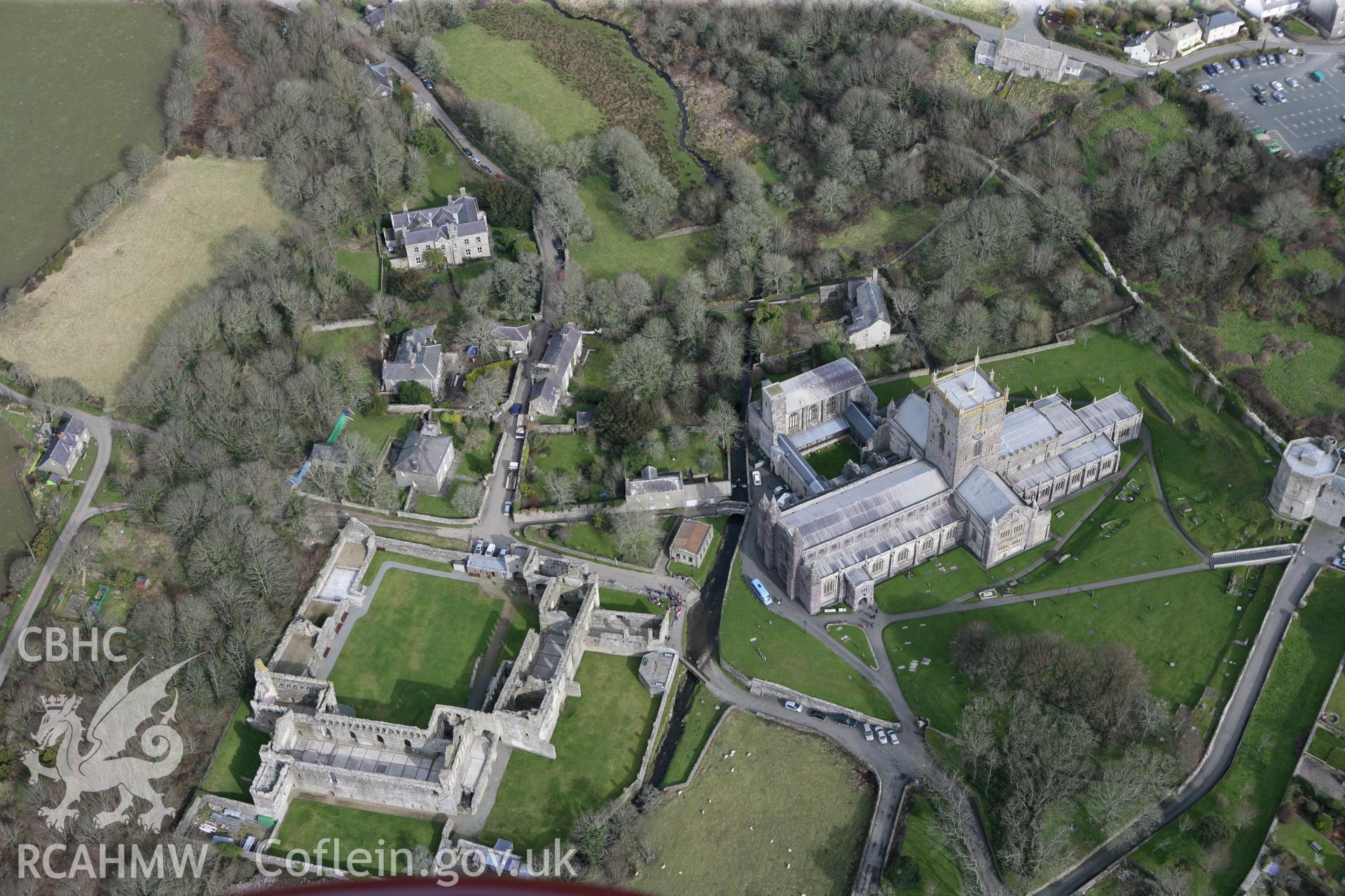 RCAHMW colour oblique aerial photograph of St David's Cathedral. Taken on 02 March 2010 by Toby Driver