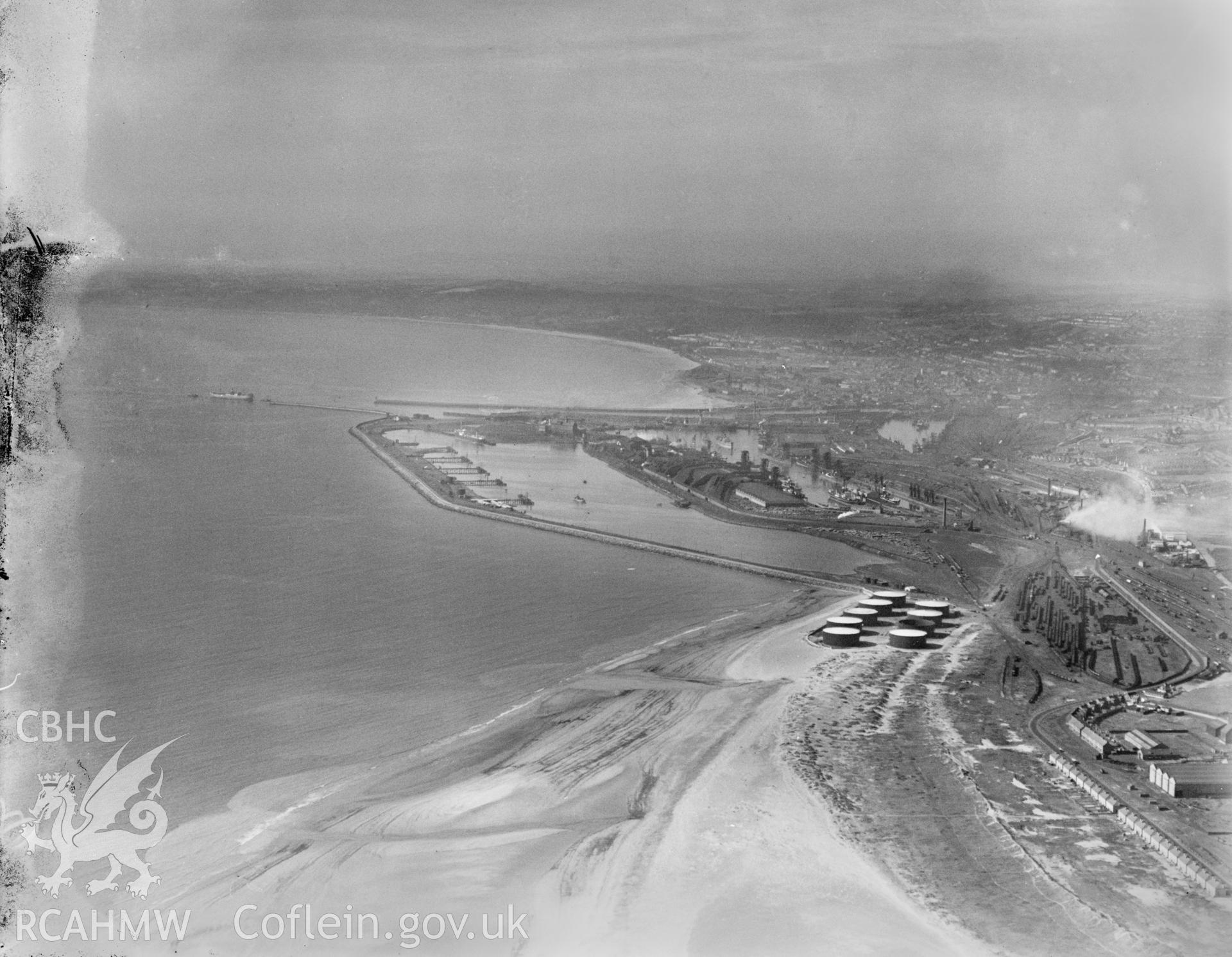 Distant view of Swansea, oblique aerial view. 5?x4? black and white glass plate negative.