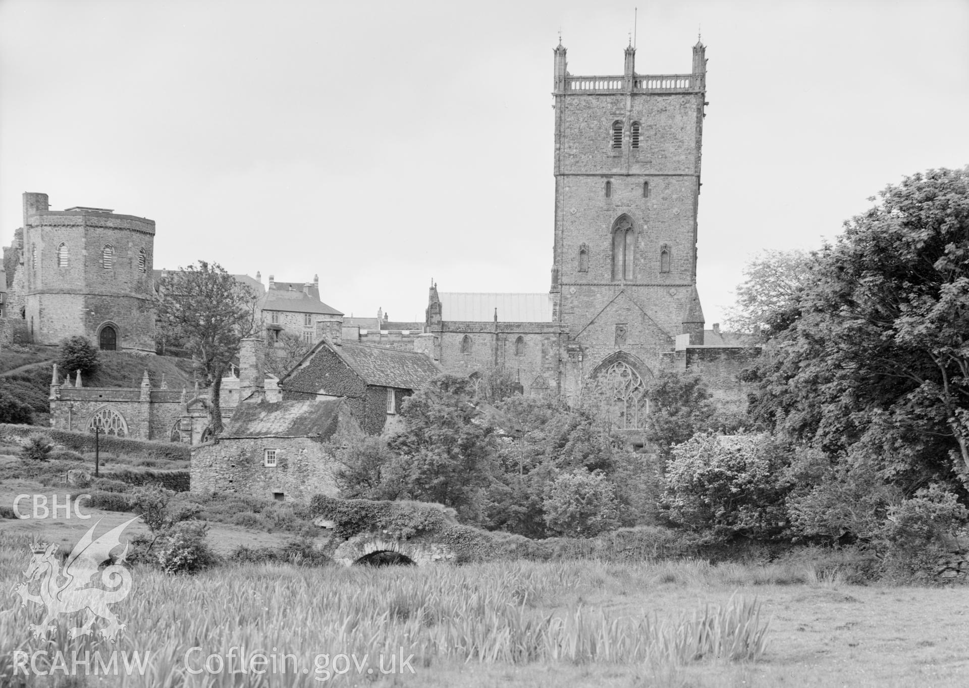 Digital copy of a black and white acetate negative showing general view of St. David's Cathedral, taken by E.W. Lovegrove, July 1936.