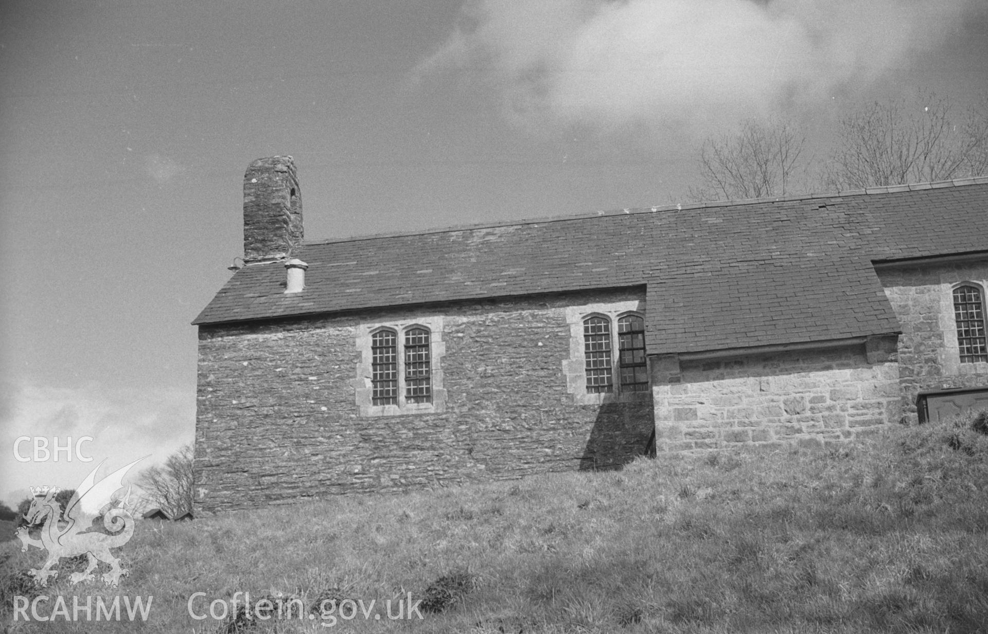 Digital copy of a black and white negative showing exterior view of St. Cynon's Church, Capel Cynon, between Cardigan and Lampeter. Photographed by Arthur O. Chater in April 1966 from Grid Reference SN 383 494, looking north.