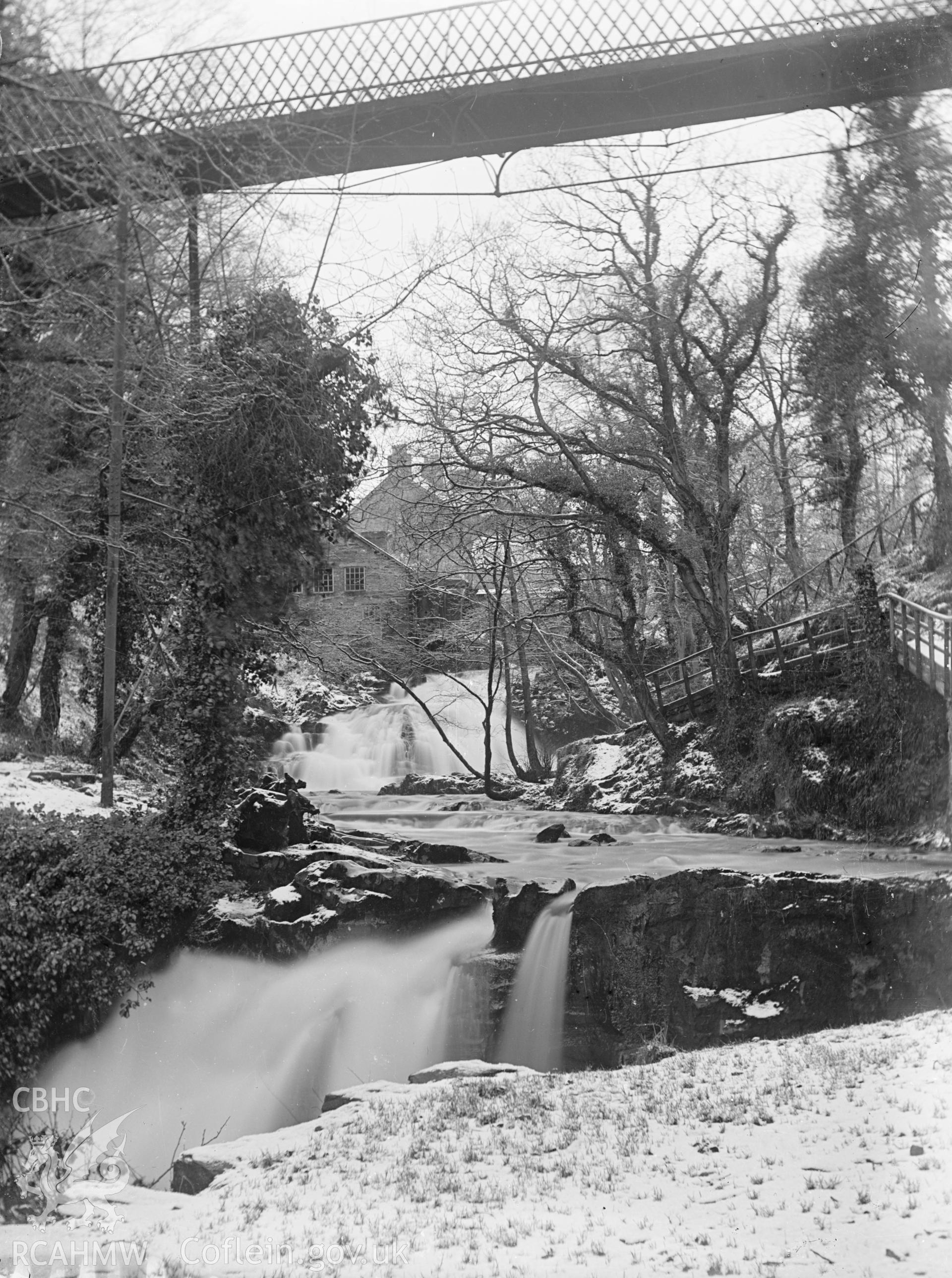 Digital copy of a glass plate showing view of waterfalls in the Fairy Glen taken by Manchester-based amateur photographer A. Rothwell, 1890-1910