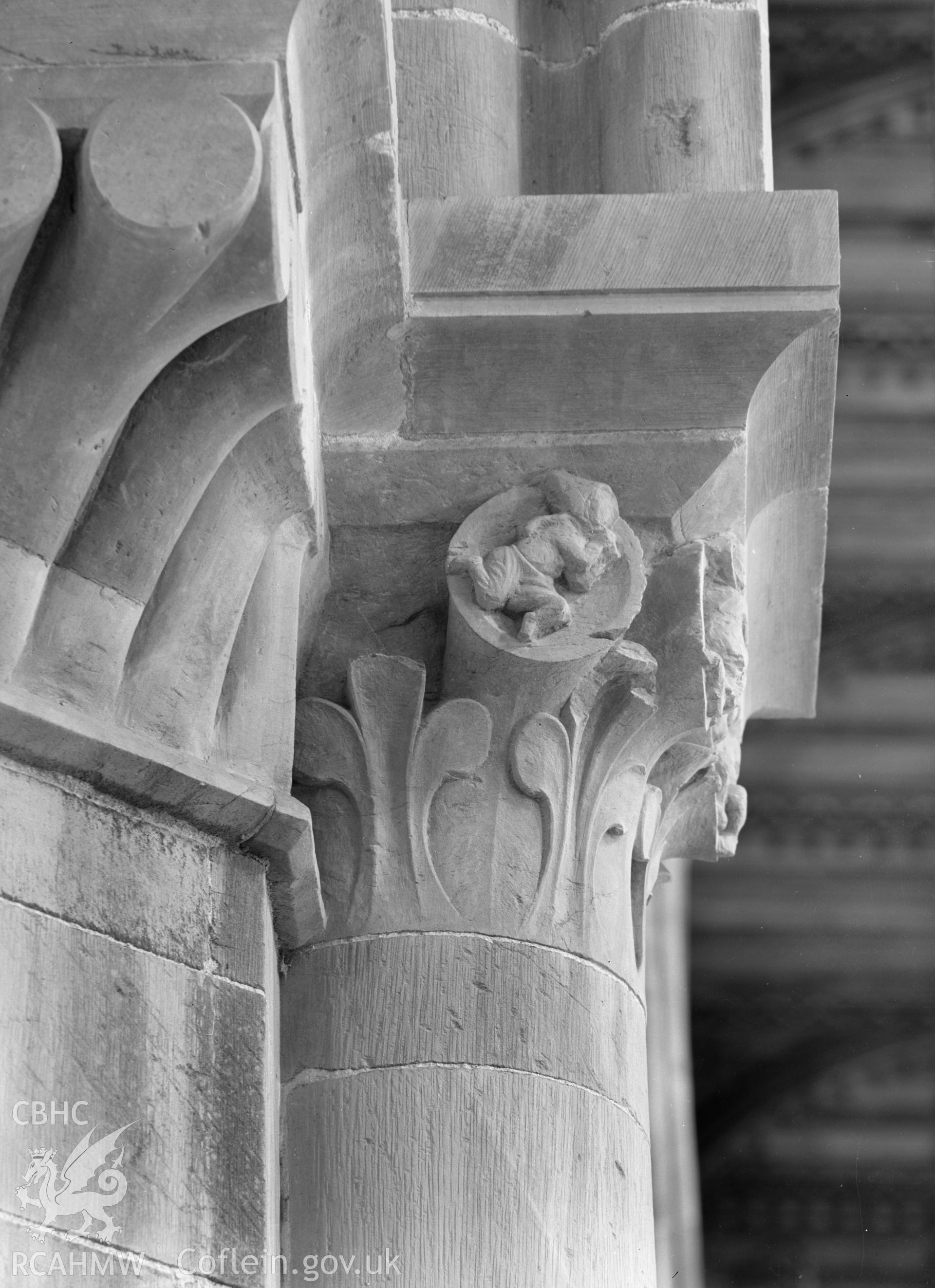 Digital copy of a black and white nitrate negative showing detail of capital at St. David's Cathedral, taken by E.W. Lovegrove, July 1936.