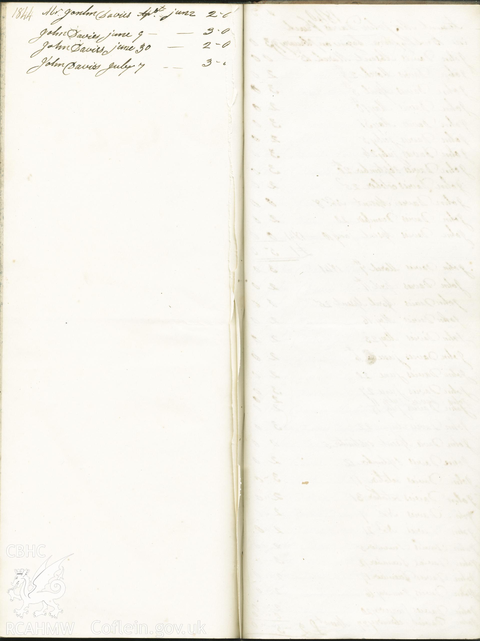 Handwritten subscribers book at Hen Gapel, Rhydowen. From 1844 Mr gordon Davies 1st june 2s 6d to John Davies July 7th 3s. Donated to RCAHMW as part of the Digital Dissent Project.