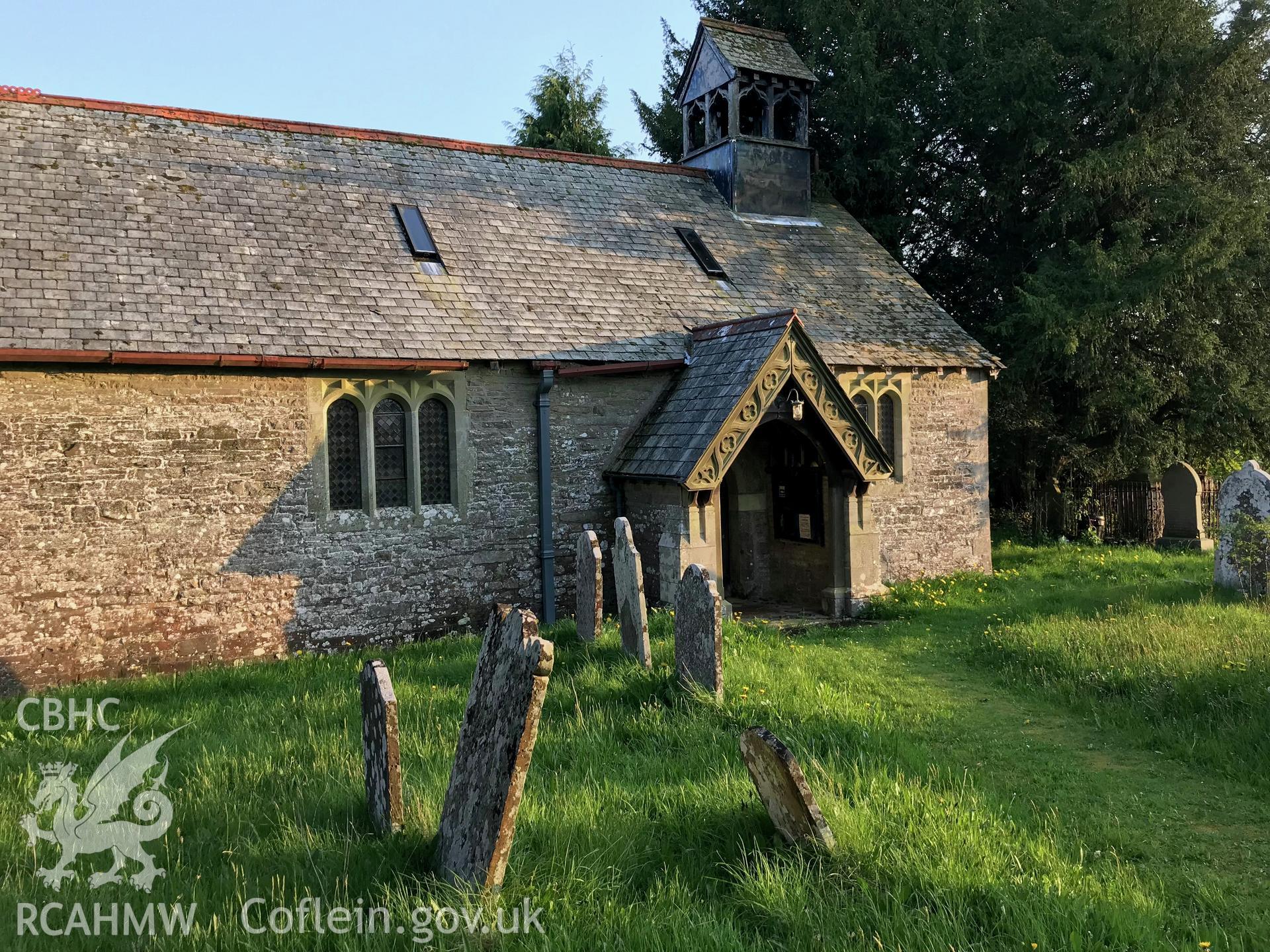 Colour photo showing exterior view of St Cynog's church, Battle, taken by Paul R. Davis, 7th May 2018.