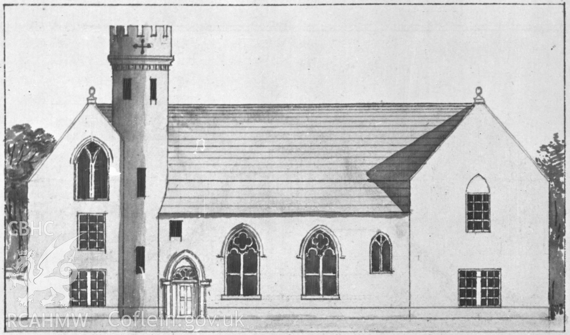 Digital copy of a wash drawing of the west elevation of Penrhyn Castle before 1782.