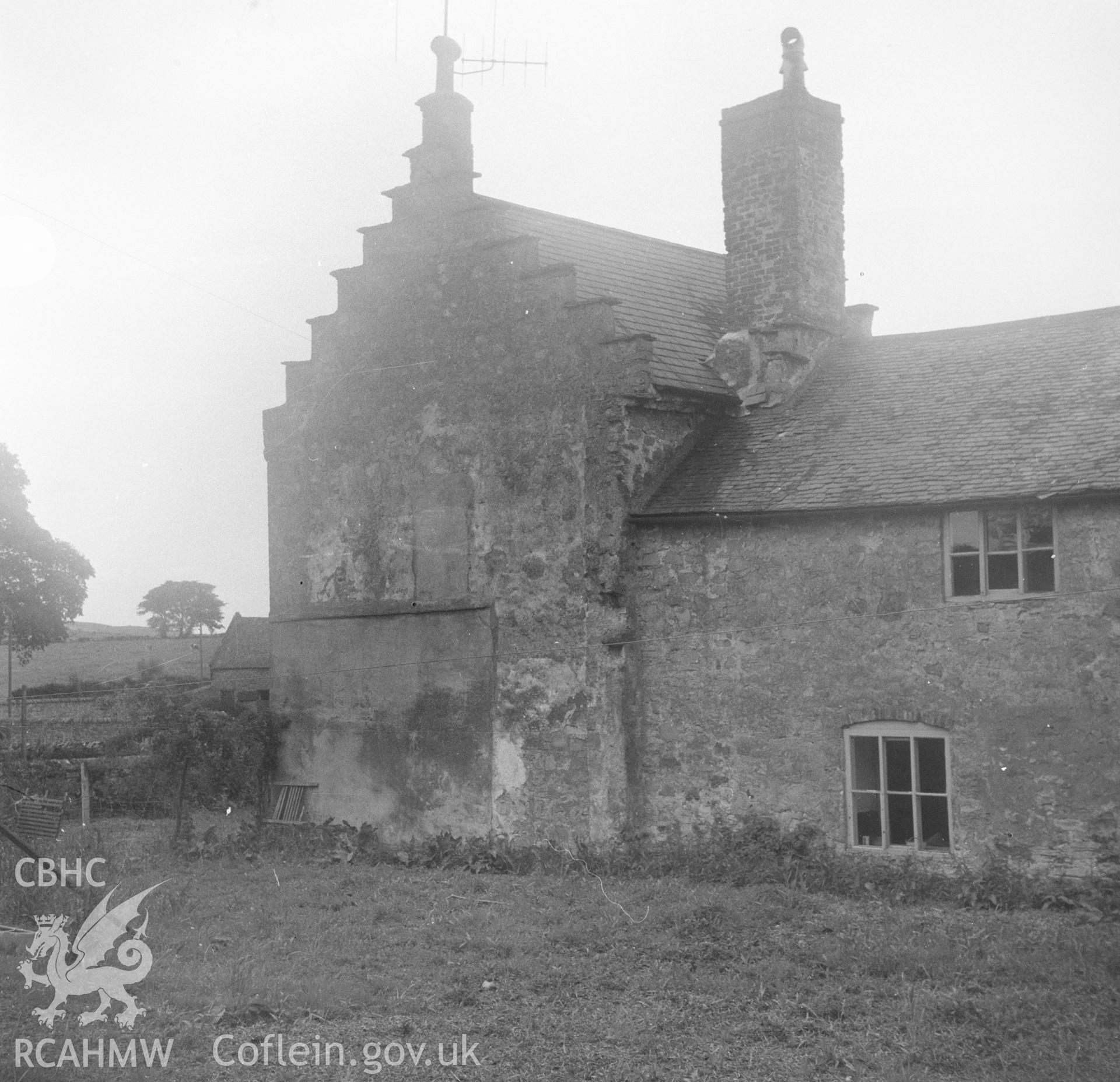 Digital copy of a black and white nitrate negative showing exterior view of Pwllhalog Farmhouse, Cwm.