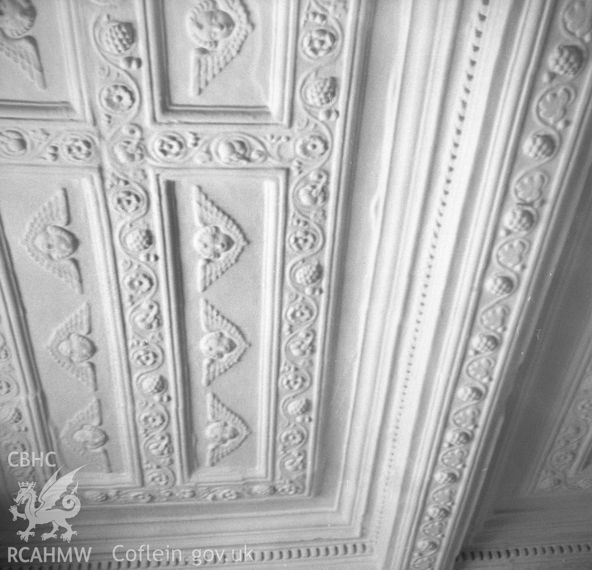 Digital copy of an undated nitrate negative showing ceiling decoration at 40 Cross Street,  Abergavenny.